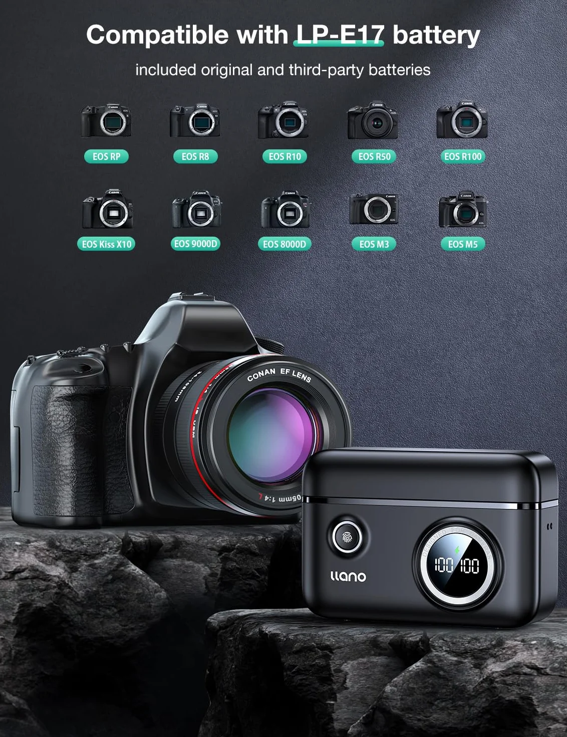 llano LP-E17 Zestaw 2 szybkich ładowarek 18 W do Canon EOS R50 RP R10 R8, R100 Rebel T8i, T7i, T6i, T6s, SL2, 3, EOS M3, 5, 6, 250D, 2 baterie 950 mAh, inteligentny wyświetlacz cyfrowy