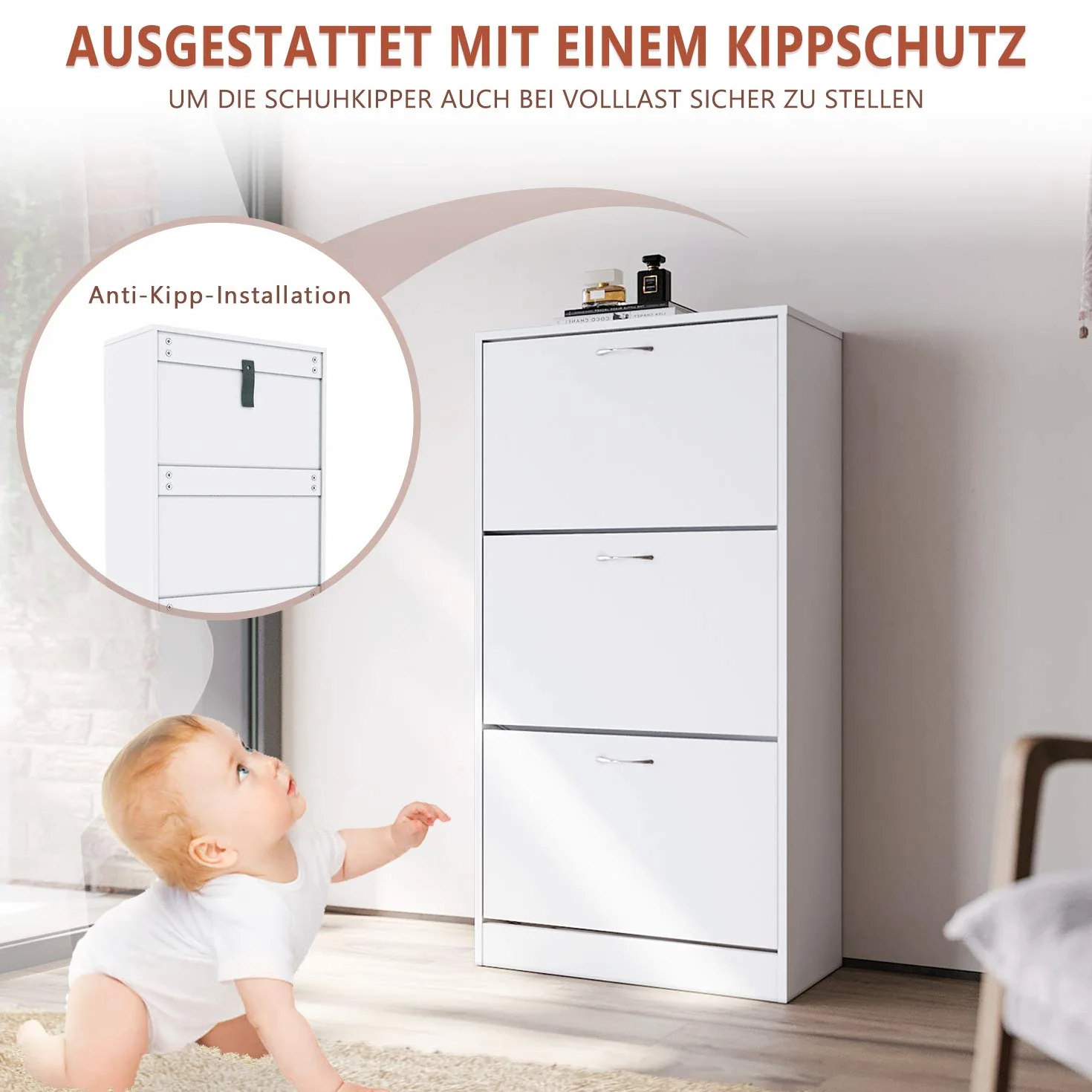 SONNI szafka na buty biała wąska 30 cm 3 klapy regulowane wkładki 27 par 63x30x120 cm