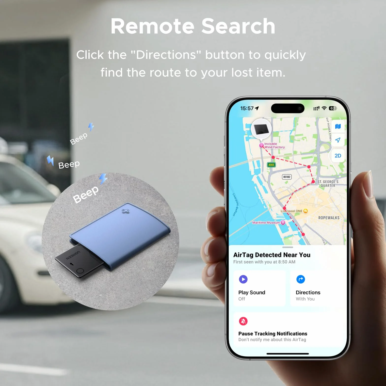 UGREEN FineTrack Slim obsługuje magnetyczne ładowanie bezprzewodowe, karta Bluetooth Tracker kompatybilna z Apple Find My (tylko iOS), lokalizator portfela z baterią wystarczającą na 1 rok