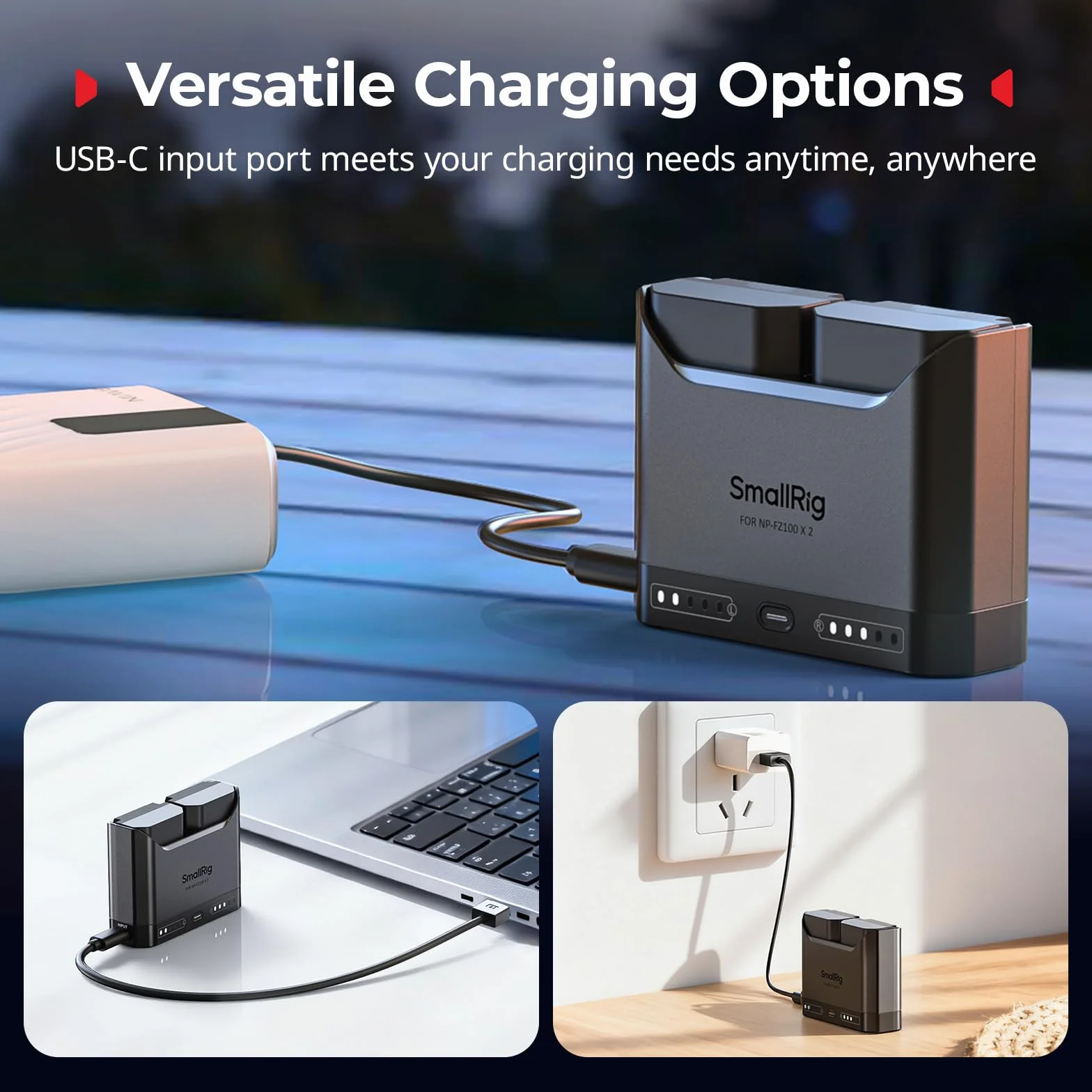 SMALLRIG NP-FZ100 Battery Charger for Sony, 2h Dual Slot Camera Charger with 22.5W USB-C Fast-charging Port,Full Compatible with Sony Alpha A7III A7IV A6700 FX3 FX30 A9 A7C A7CII A7RIII ZV-E1 ZV-E10II