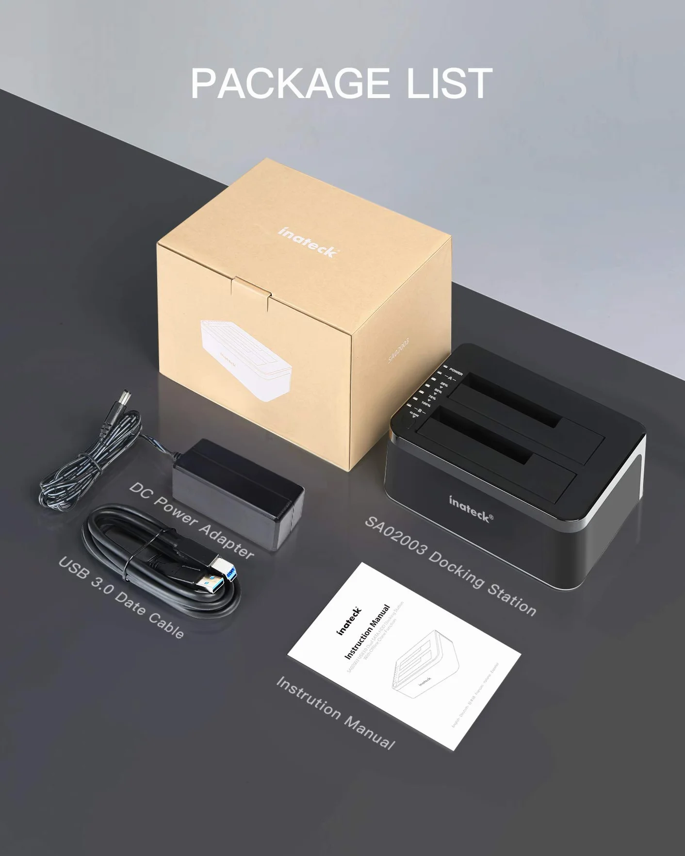 Inateck Stacja dokująca do dysków twardych RGB USB 3.0 z funkcją klonowania offline, do 2,5 i 3,5 cala SATA HDD i SSD, obsługuje UASP, czarna
