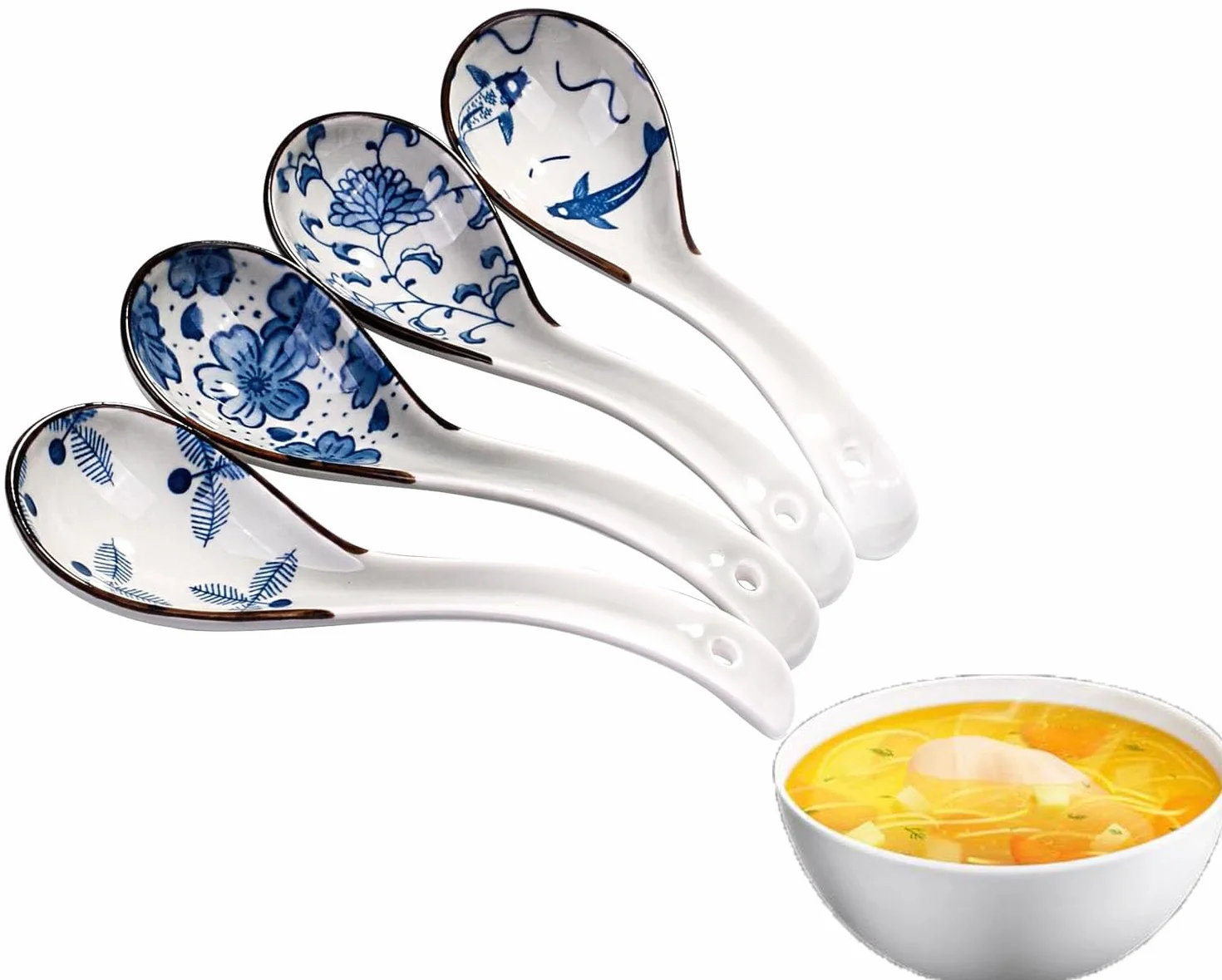 LATRAT 4 sztuki azjatyckich łyżek do zupy, wyjątkowy wzór ramen łyżki ceramiczne, z długim uchwytem, zestaw łyżek do pierogów, makaronu ryżowego, wontonu, makaronu i zup