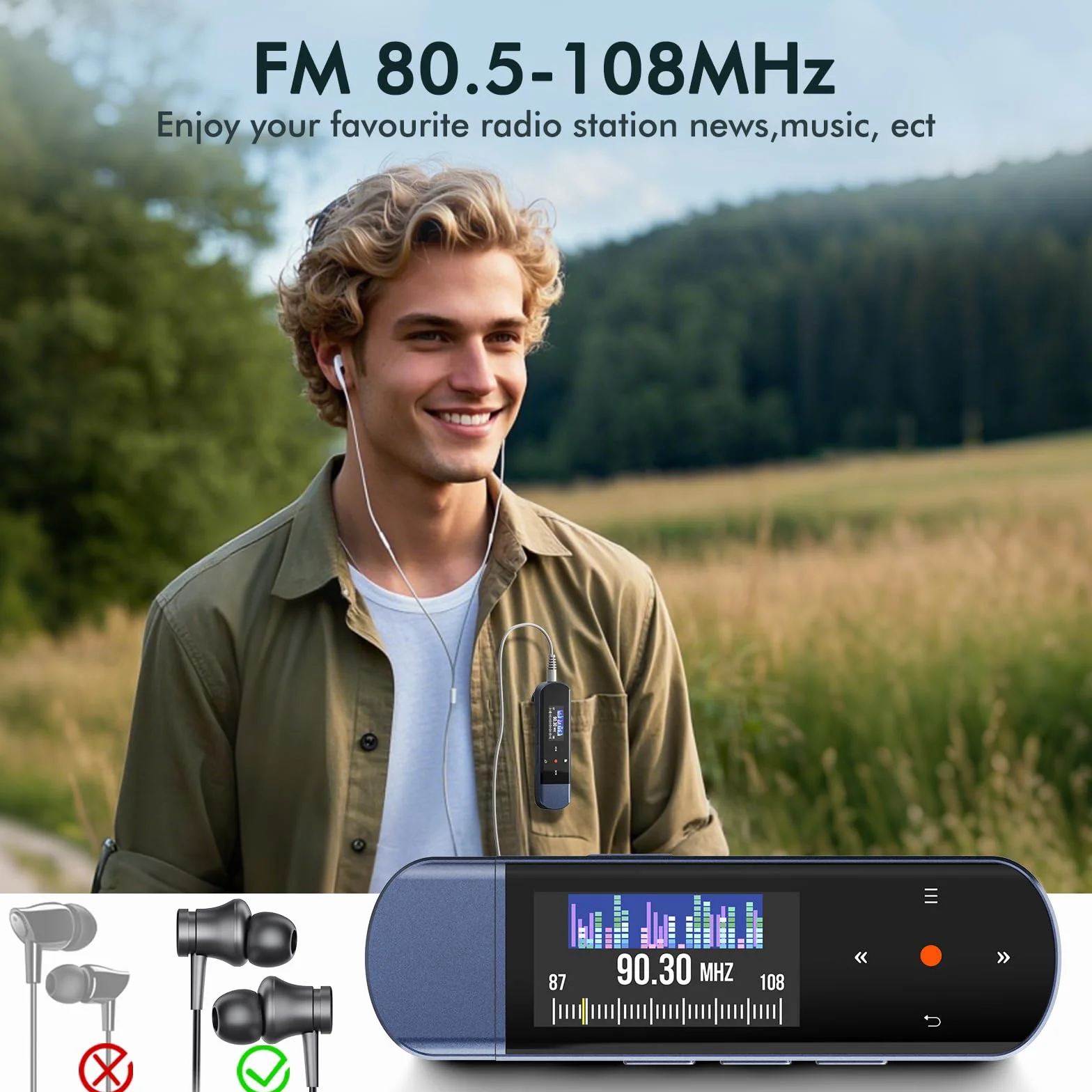 64GB Przenośny odtwarzacz MP3 z USB i Bluetooth 5.3, klips do sportu i biegania, radio FM, nagrywarka głosowa, przesyłanie plików z telefonu i cyfrowa funkcja losowania utworów