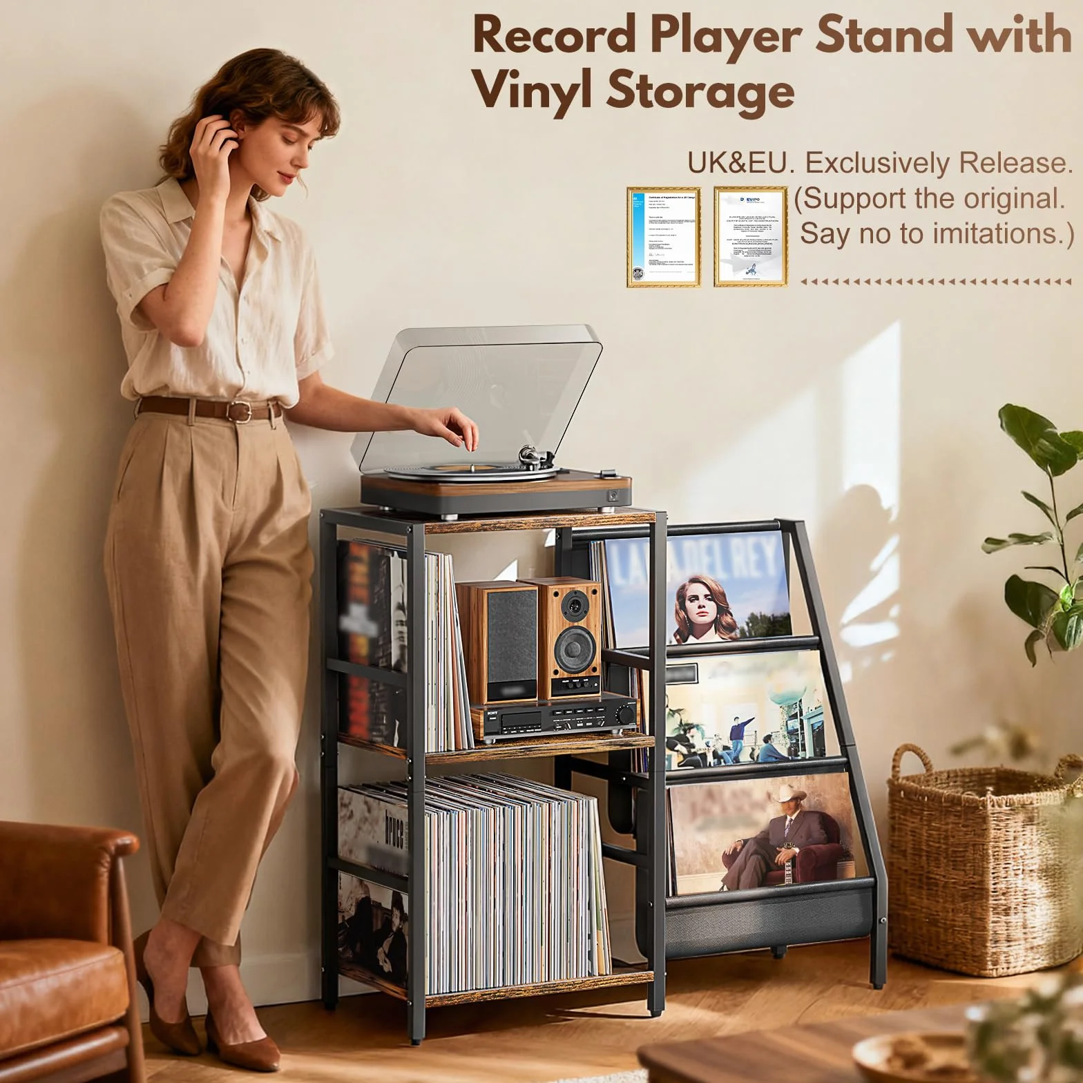 Stojak na Gramofon, Stolik Końcowy z 3-poziomowym Schowkiem na Płyty Winylowe, Stolik na Gramofon do 200 Albumów, Stojak na Płyty Winylowe, Szafka na Płyty Winylowe do Salonu (Patenty)