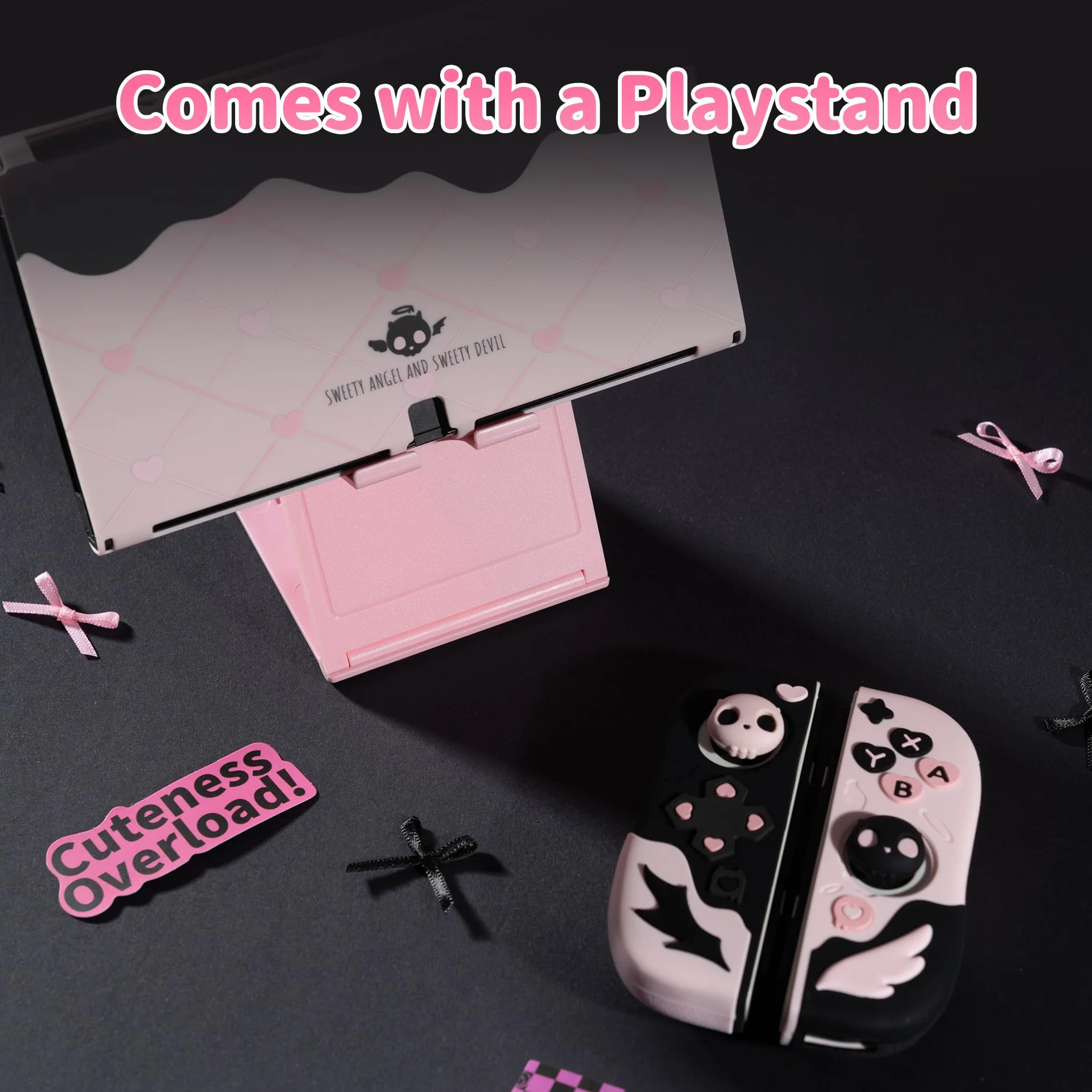 Etui ochronne GeekShare do Switch OLED, smukłe etui, oddzielna miękka silikonowa powłoka ochronna do Joycon z 2 nakładkami na kciuki - czaszka Sweetheart