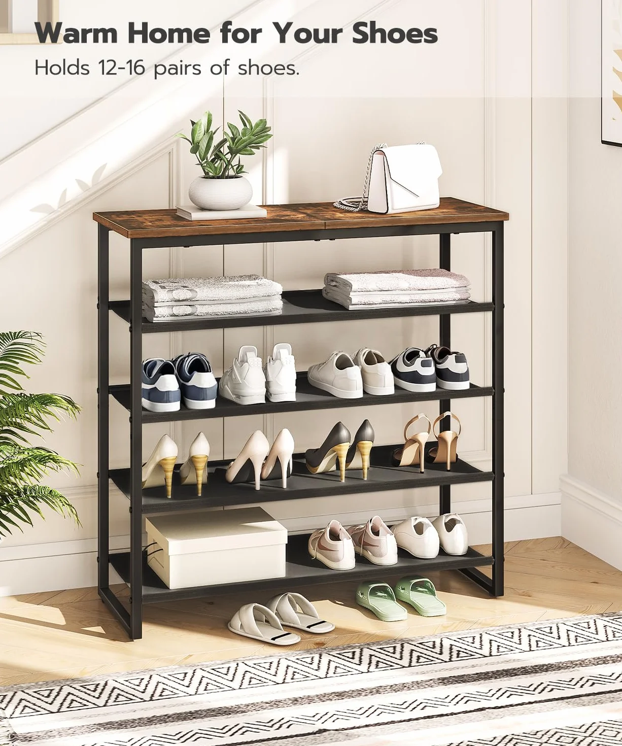 HOOBRO Stojak na buty, 5-poziomowy organizer do przechowywania butów, półka na buty z 4 półkami z tkaniny i górnym panelem, mieści 16-20 par butów, do przedpokoju, szafy, stalowej ramy, przemysłowej,
