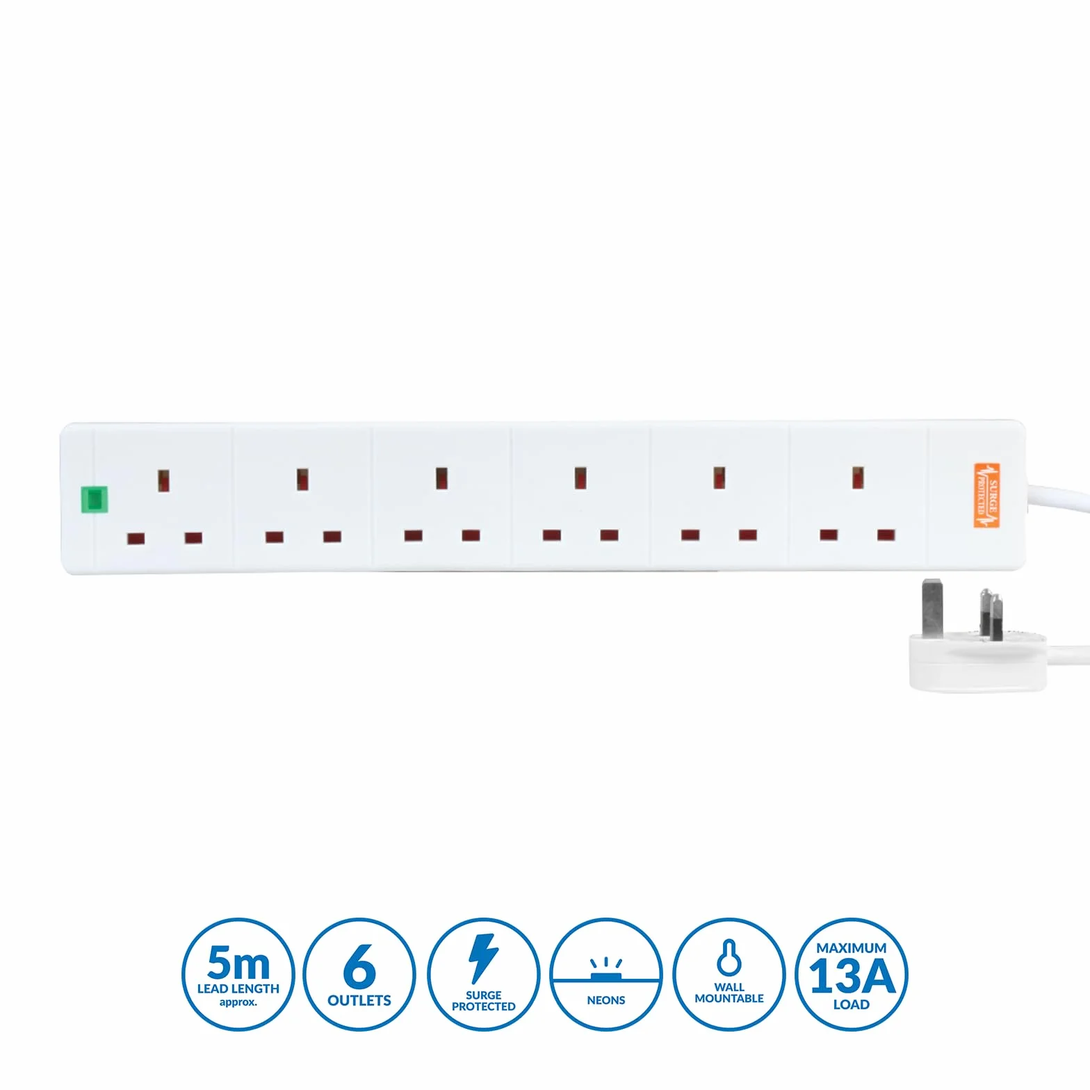 PRO ELEC PELB1703 Przedłużacz 6-rzędowy z ochroną przeciwprzepięciową, biały, 5 m
