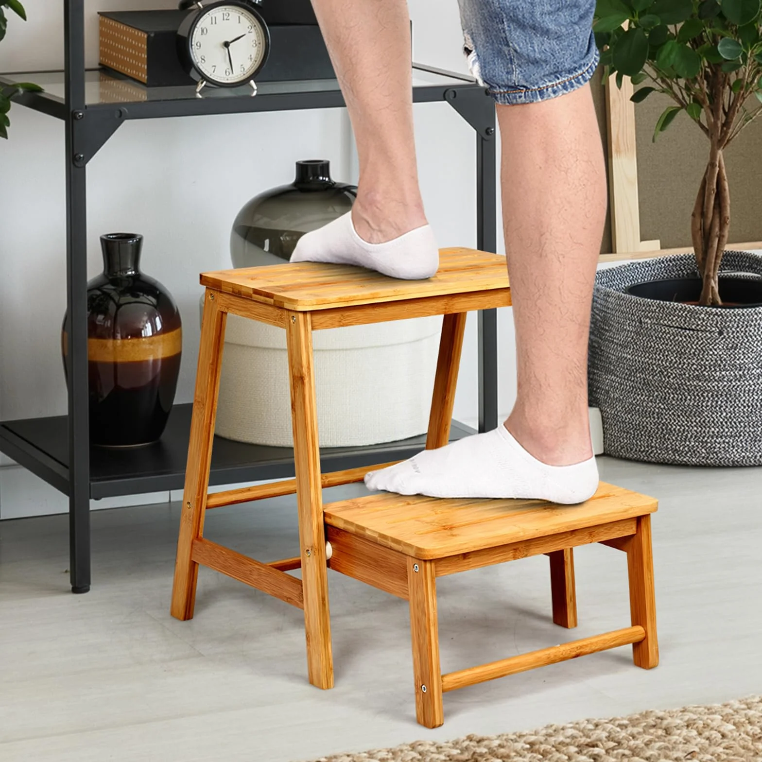 COSTWAY 2-stopniowy taboret składany, krzesło drabinkowe do 100 kg, 48 cm, bambus