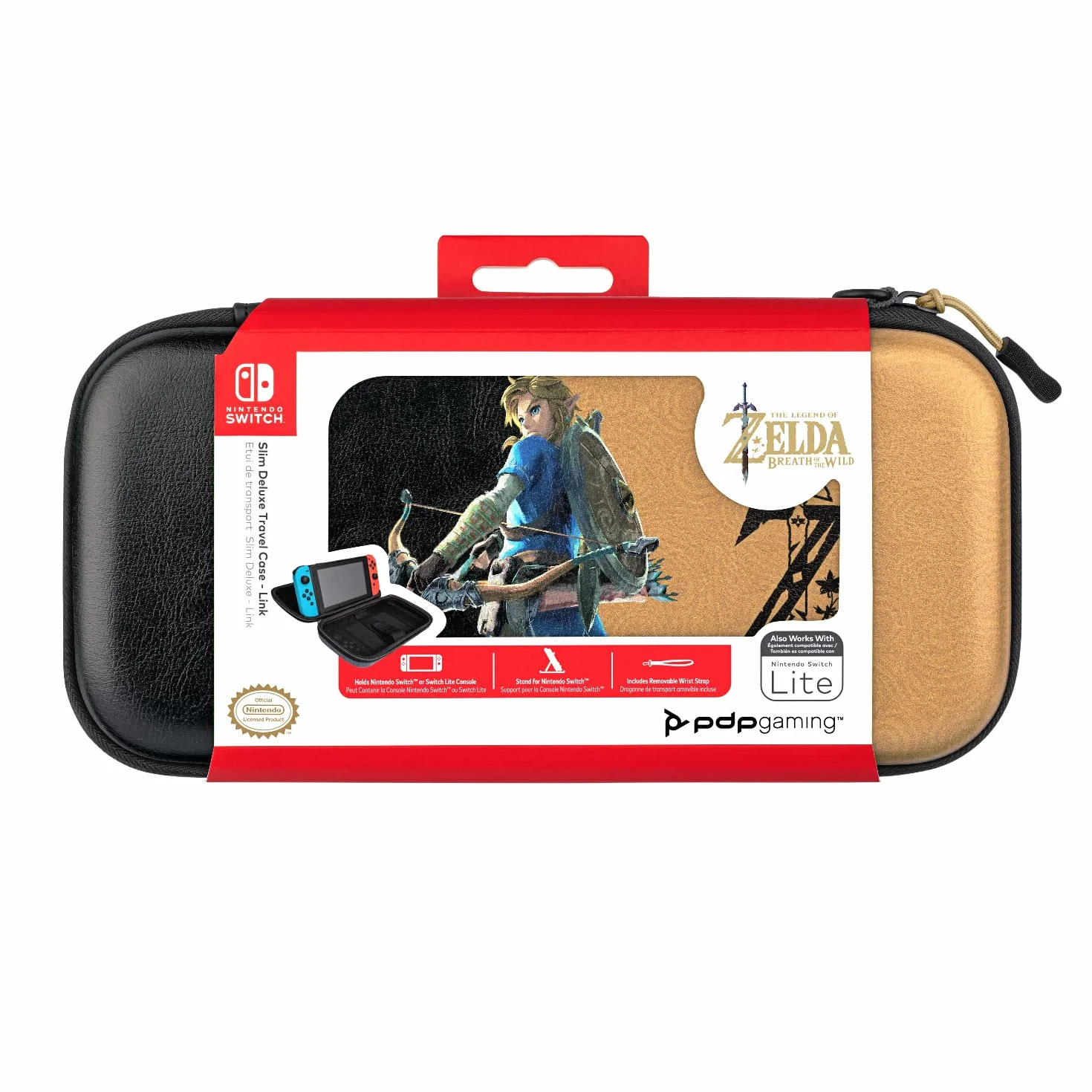 PDP Gaming Oficjalnie Licencjonowany Switch Slim Deluxe Travel Case - Zelda Breath of the WIld - Semi-Hardshell - Console Stand - Protective PU Leather - Holds 14 Games - Works z Switch OLED and Lite