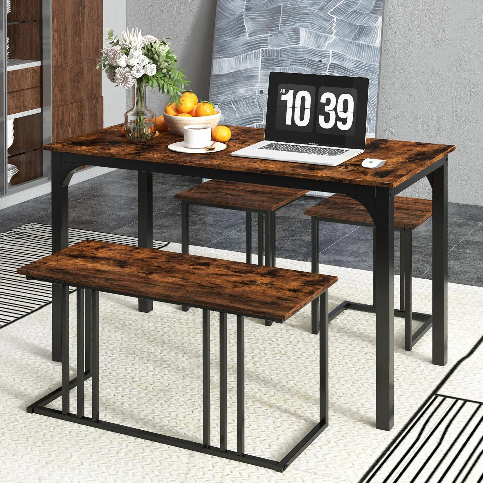 COSTWAY Stół do jadalni z ławką i 2 taboretami, zestaw 4 szt., 120 x 60 cm