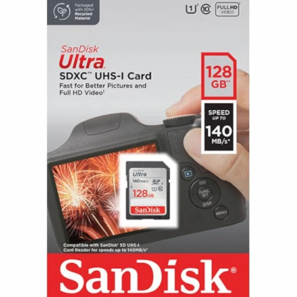 SanDisk Karta Ultra SDXC 128 GB, karta SD, karta pamięci o prędkości odczytu do 140 MB/s, do kompaktowych aparatów klasy podstawowej i średniego zasięgu, wideo Full HD, UHS-I, klasa 10, U1