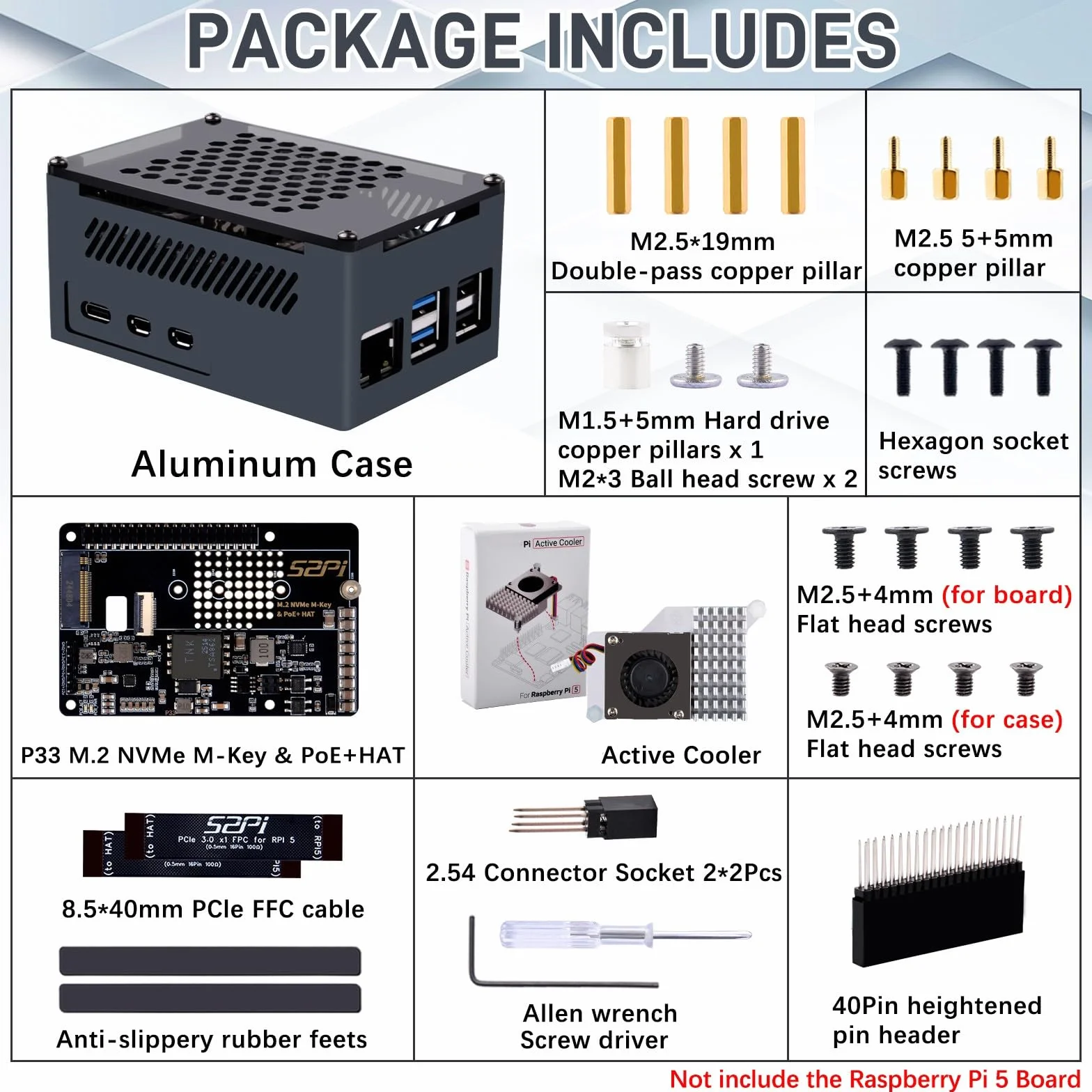 GeeekPi P33 M.2 NVME M-Key PoE+ Hat dla Raspberry Pi 5, z oficjalnym aktywnym chłodzeniem Pi 5 i aluminiową obudową, obsługuje dysk SSD M.2 NVMe 2230 2242 2260 2280