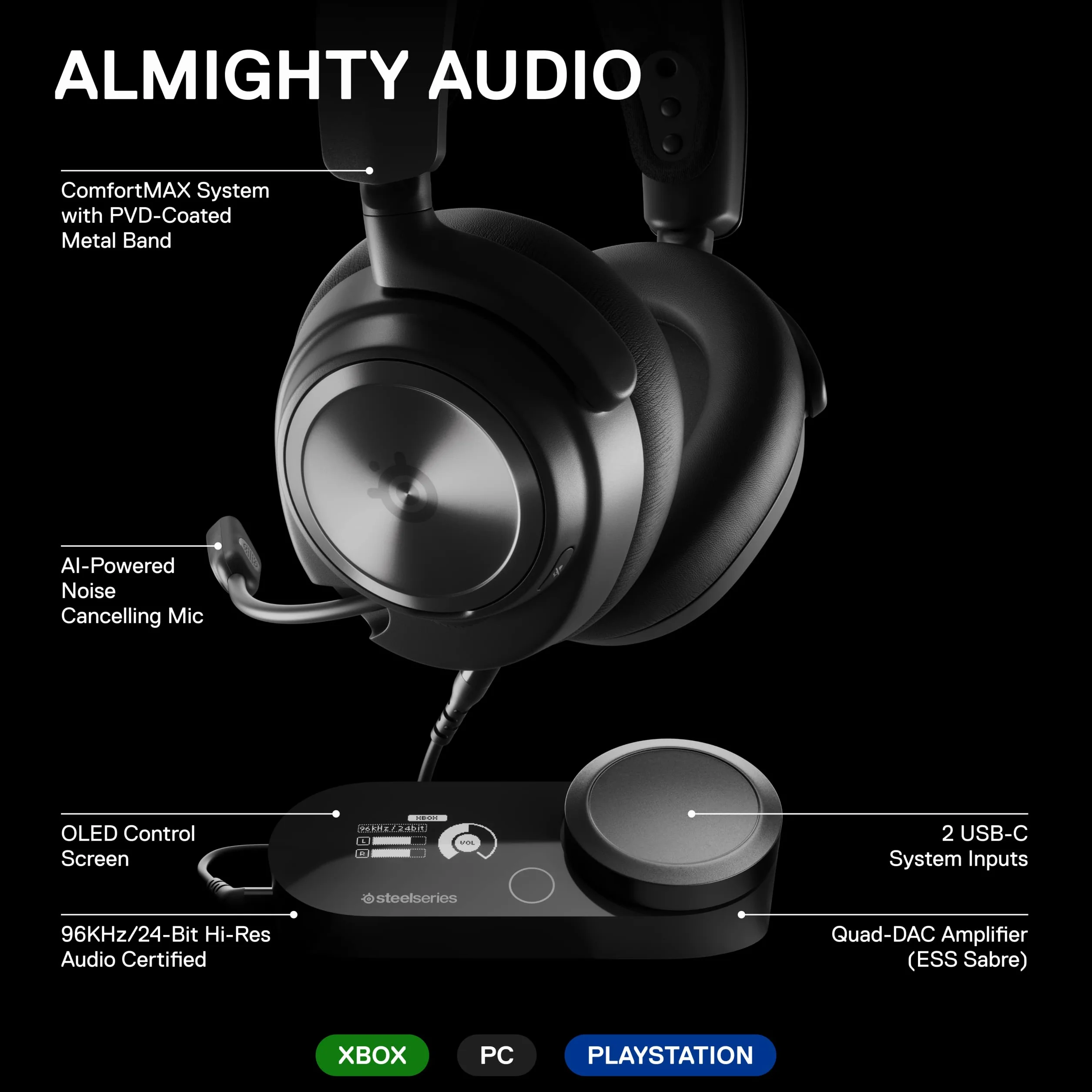SteelSeries Arctis Nova Pro wielosystemowy zestaw słuchawkowy do gier, GameDAC Gen 2, ESS Sabre Quad-DAC, dźwięk przestrzenny 360°