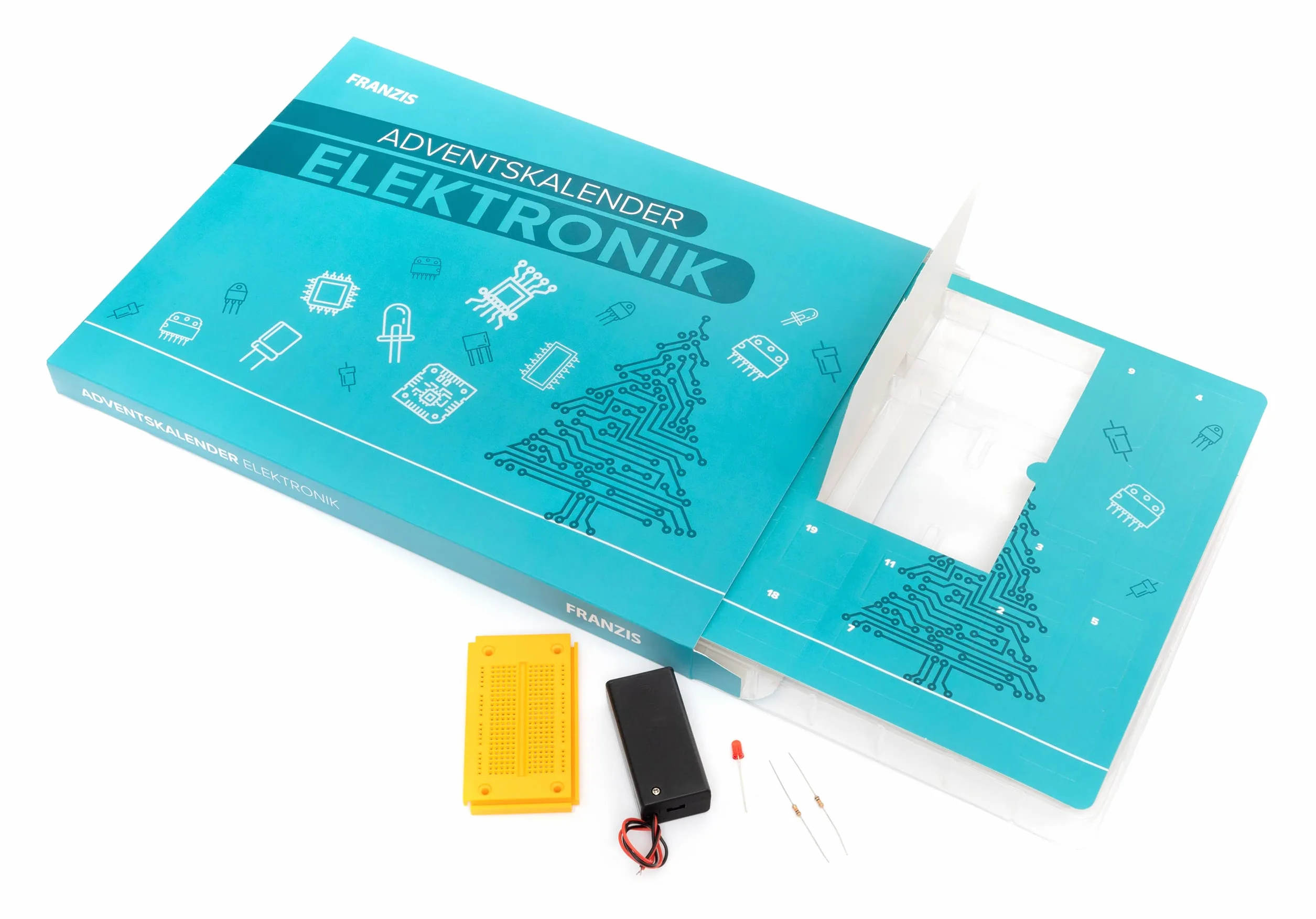 FRANZIS 67400 Elektroniczny kalendarz adwentowy, 24 eksperymenty z elektroniki, zestaw z płytką drukowaną