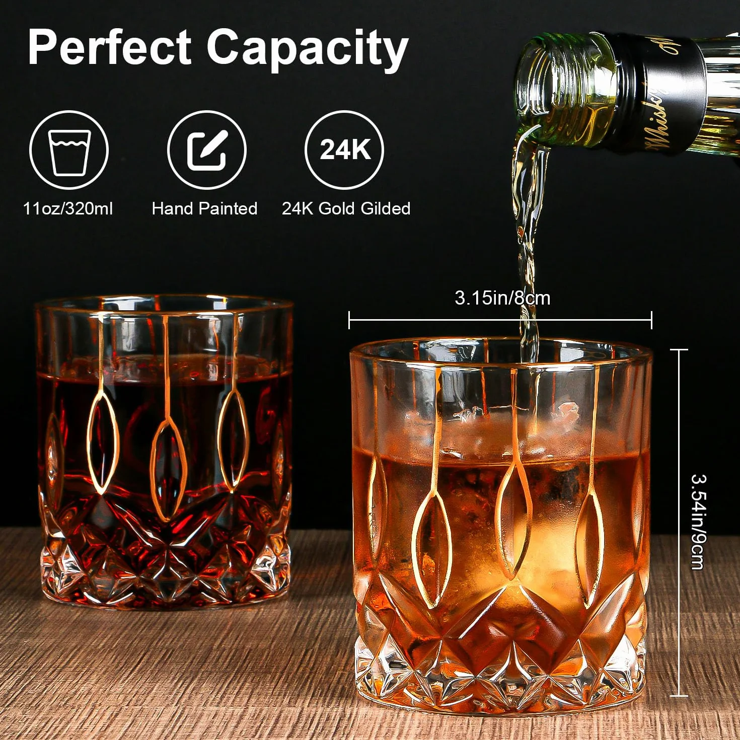 GLASKEY Zestaw 2 Szklanki do Whisky 320 ml Staromodne Kieliszki ze Złotym Rantem