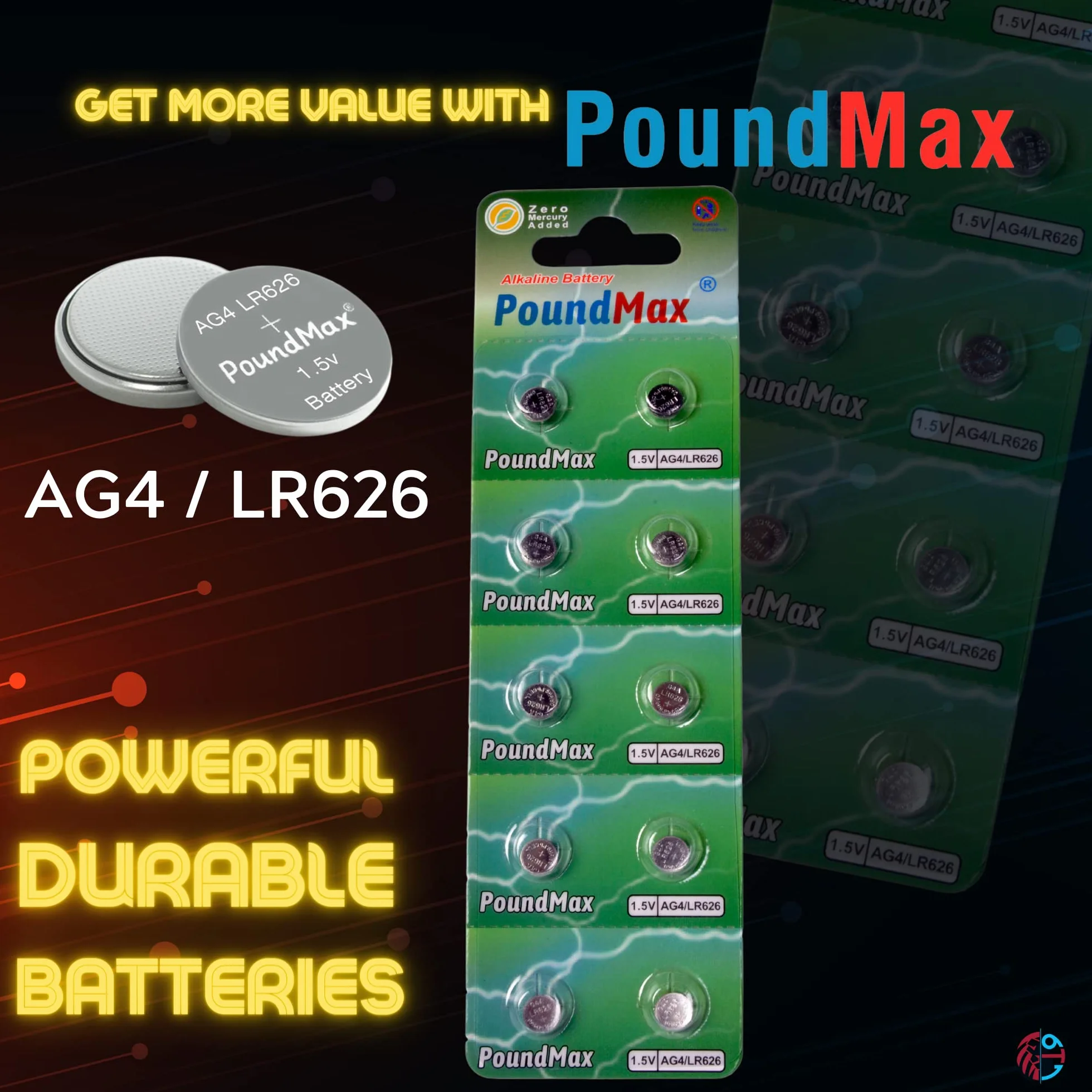 10 x AG4 376/377 LR66 SR626 SR626SW 1,5 V PoundMax alkaliczna bateria guzikowa