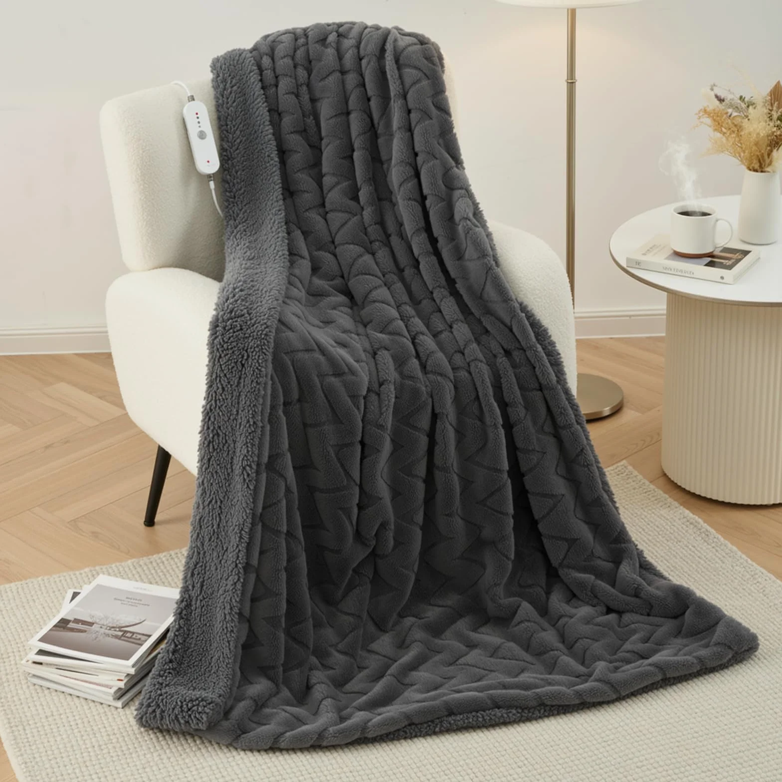Podgrzewany Koc Elektryczny 130x180cm, 4 Poziomy, 10H Timer, Nadający się do Prania Maszynowego, Miękki Bunny Fleece & Sherpa