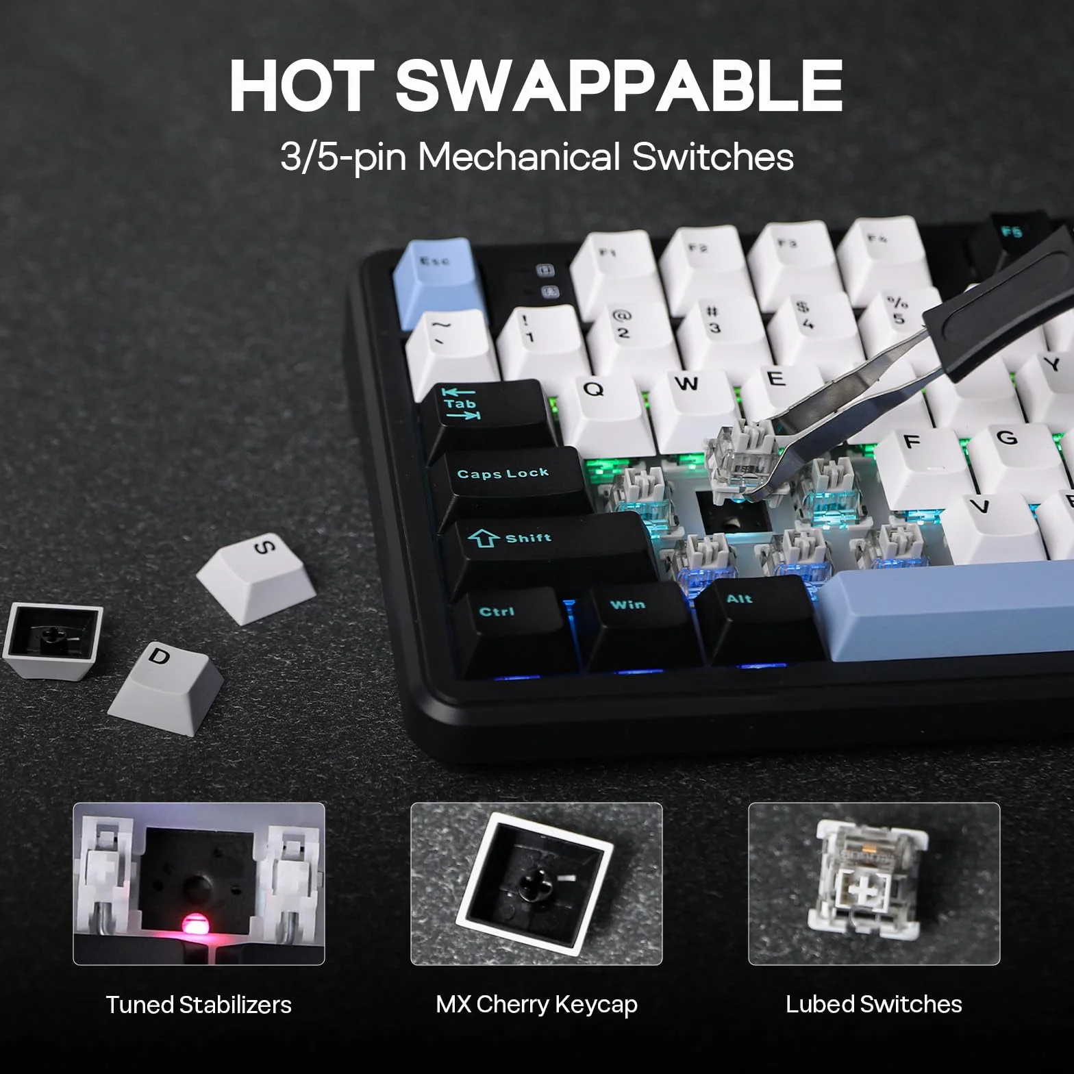 EPOMAKER AULA F108 bezprzewodowa klawiatura do gier z baterią 8000 mAh, pełnowymiarowa klawiatura mechaniczna z układem amerykańskim z 108 klawiszami Hotswappable, RGB, do Mac/PC/Android (czarno-biała