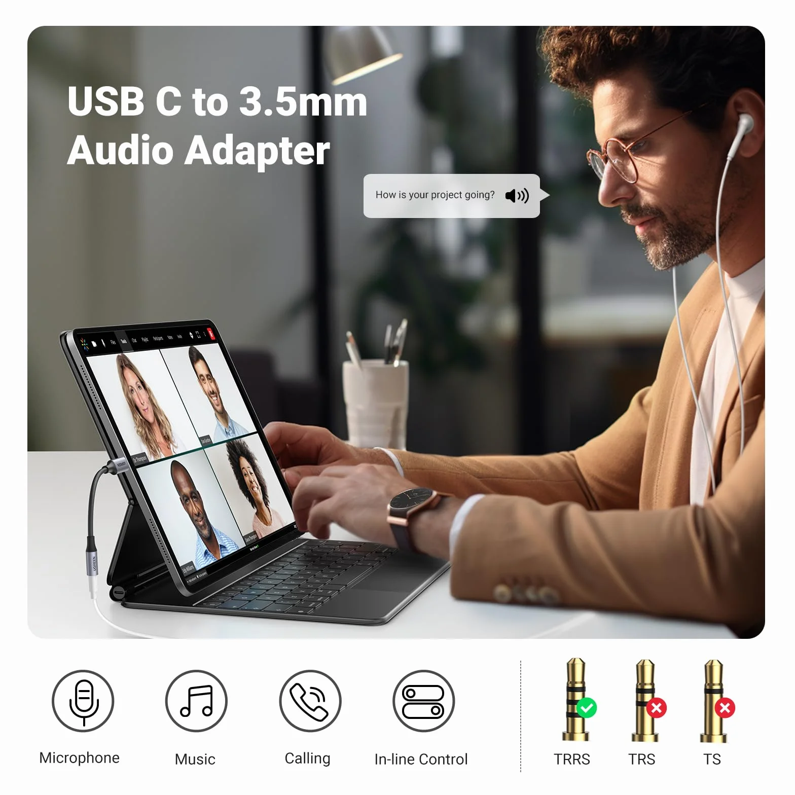 UGREEN Audio Jack Adapter USB C do 3.5mm Adapter Słuchawek Nylonowy Kabel Aux Kompatybilny z Galaxy S23 Ultra/ S23+/ S23/ S22/ S21+/ S21/S21 Ultra/S20,iPad Pro/Air, MacBook Pro itp. (Szary)