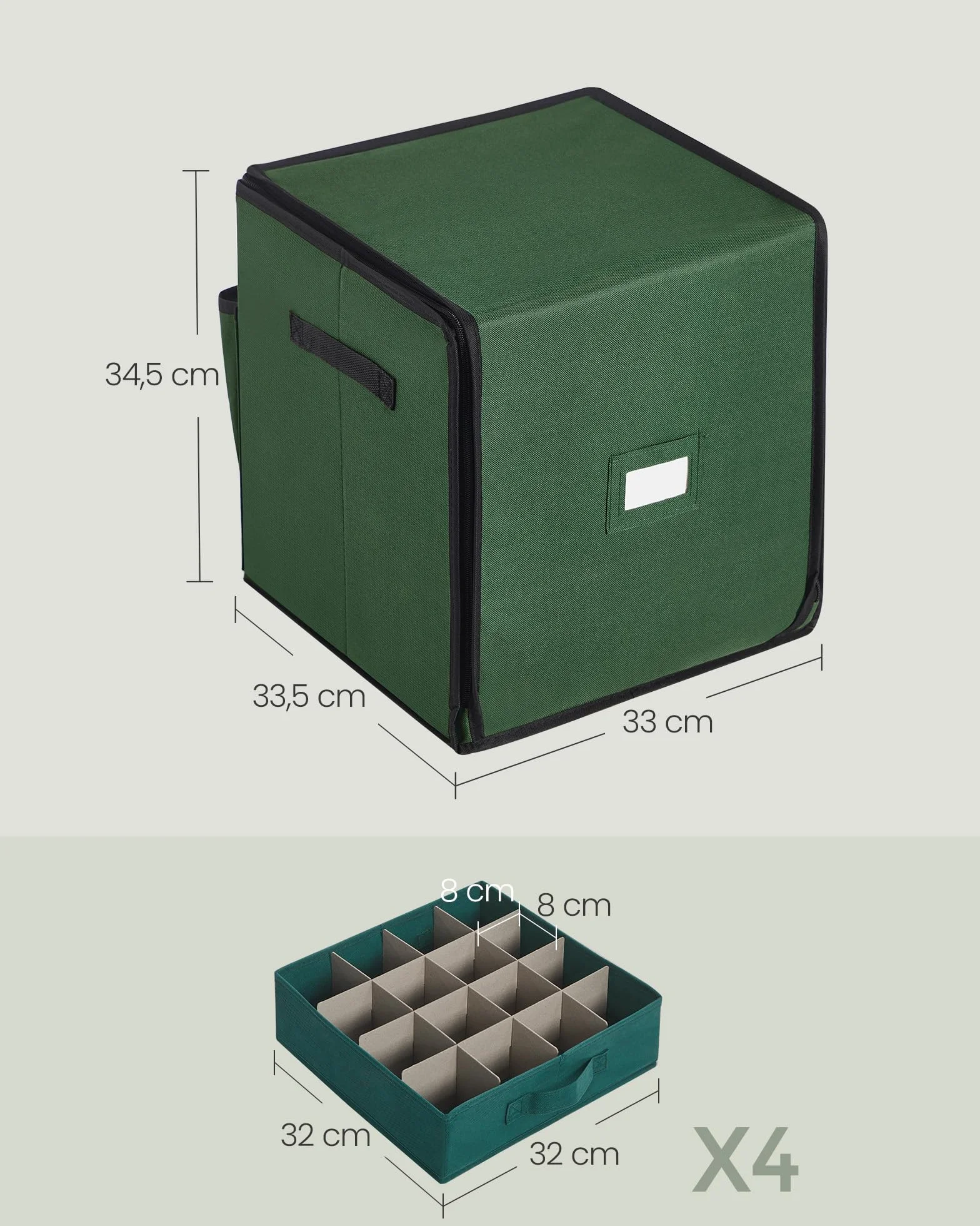 SONGMICS Organizer na bombki świąteczne Boczne otwieranie Możliwość układania w stosy 4 szuflady Tkanina Oxford 600D 64 przegródki 3" każda leśna zieleń RFB037C01