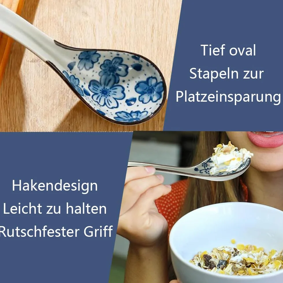 LATRAT 4 sztuki azjatyckich łyżek do zupy, wyjątkowy wzór ramen łyżki ceramiczne, z długim uchwytem, zestaw łyżek do pierogów, makaronu ryżowego, wontonu, makaronu i zup