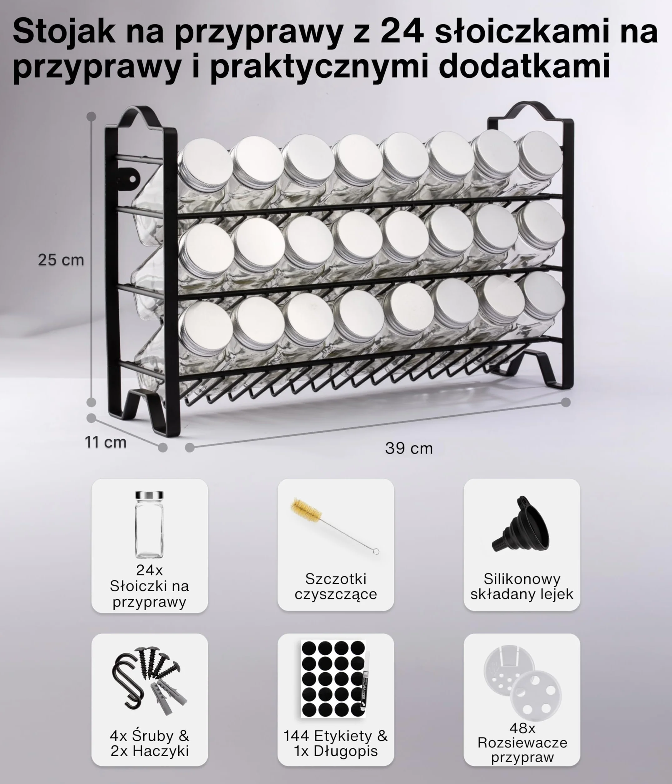 Deco Haus® Stojak na Przyprawy ze Słoikami na Przyprawy - 3-poziomowy Metalowy Organizer Kuchenny - 24 Słoiczki, 48 Etykiet, Pędzelek, Haczyki, Lejek - Półka Wolnostojąca lub na Ścianę - Czarny Regał