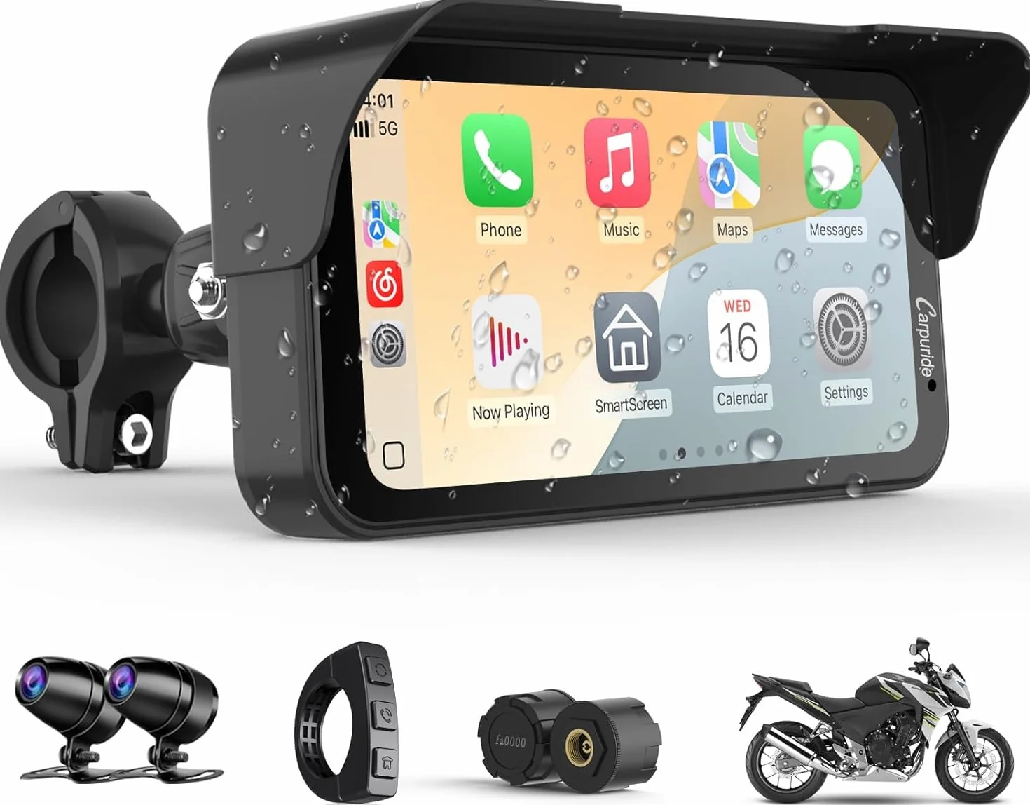 Carpuride W603DT do Motocykli z CarPlay,Android Auto i TPMS – Kamera Samochodowa HD 1080P,6,3-Calowy,Wodoodporny,Obrotowy Ekran Dotykowy do Nawigacji,Bluetooth,Nagrywanie w Pętli, Przewodowy Kontroler