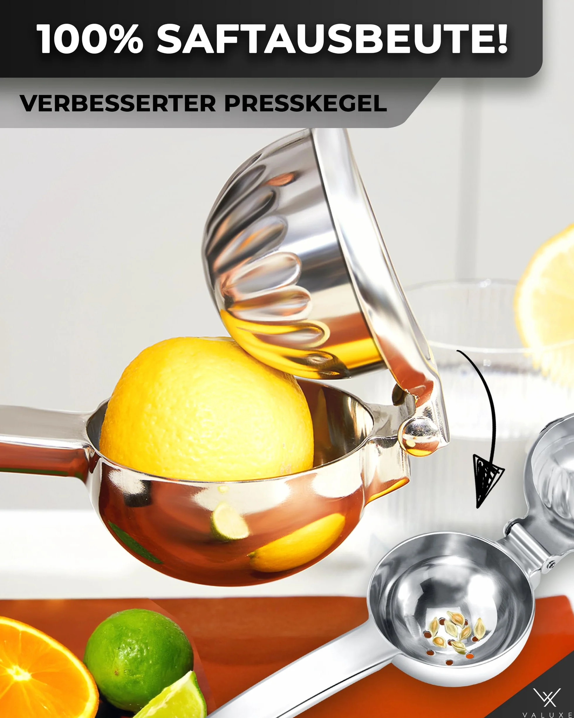VALUXE® Premium wyciskarka do cytryn ze stali nierdzewnej - ręczna wyciskarka do cytrusów na cytryny, limonki i małe pomarańcze - ręczna wyciskarka do limonek, ręczna wyciskarka do cytrusów