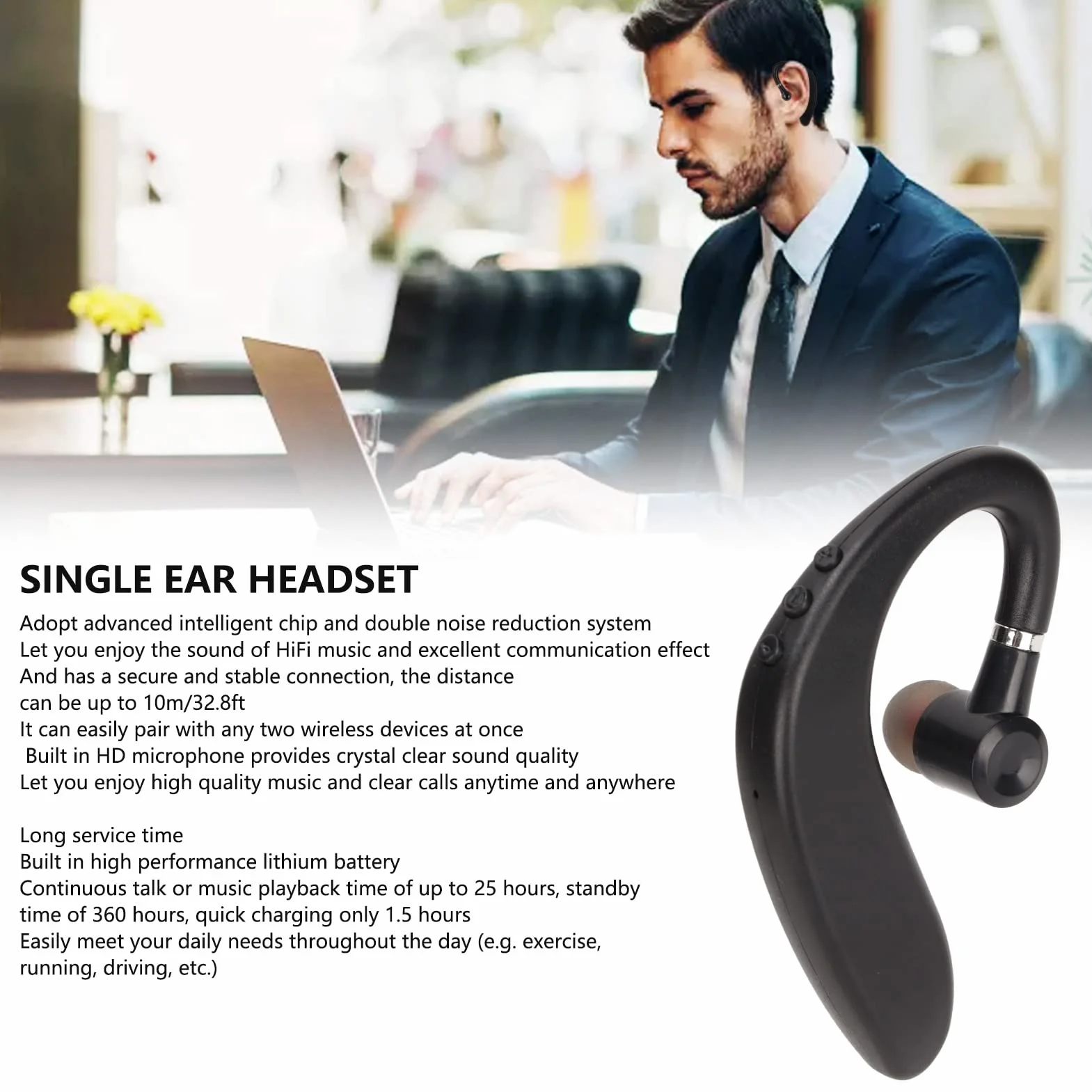 Zestaw Słuchawkowy z Jednym Uchem, Bezprzewodowe Słuchawki Bluetooth V5.2 Zestaw Słuchawkowy z Zaczepem na Ucho do Podróży Służbowych Wodoodporny Zestaw Słuchawkowy dla Biznesu