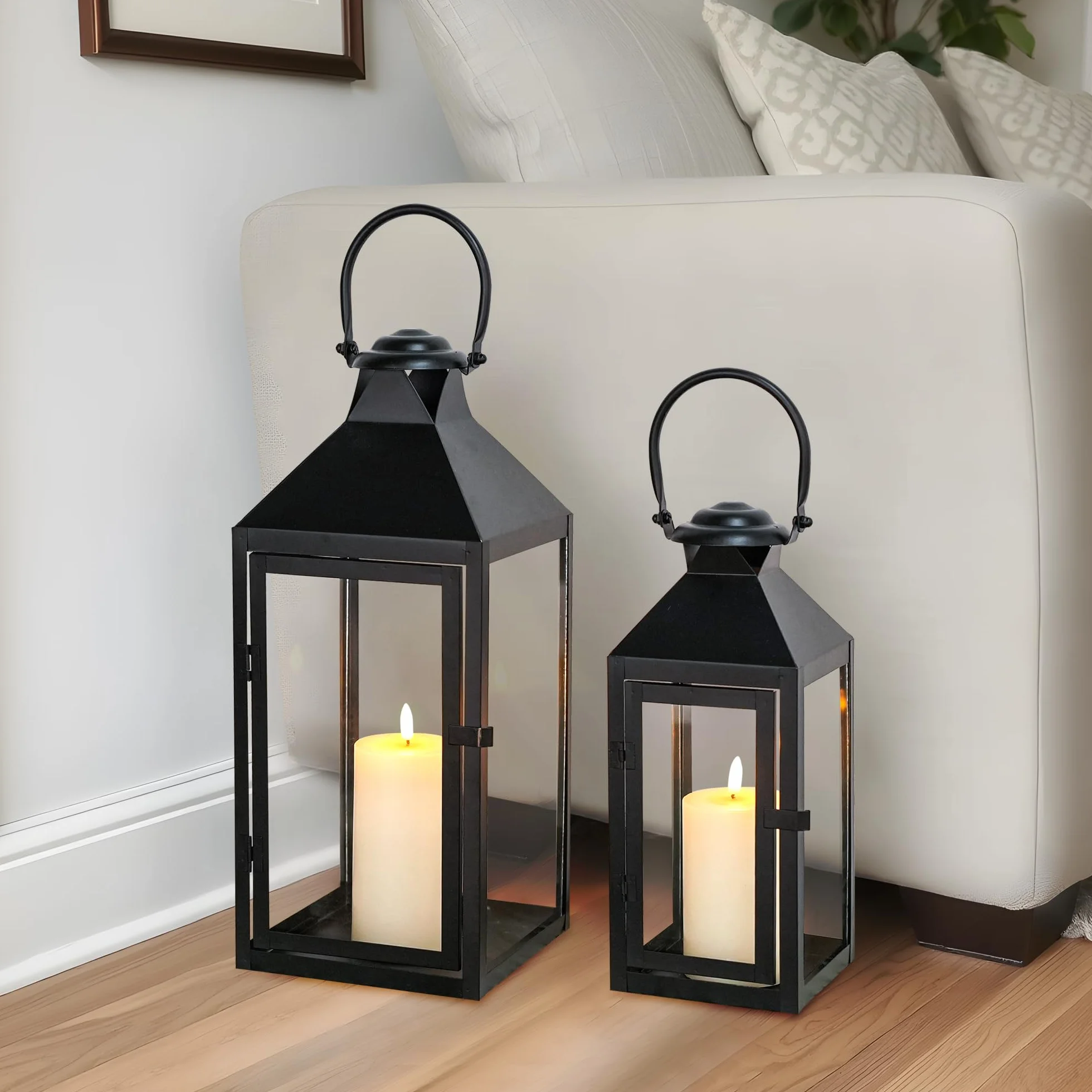 JHY DESIGN Zestaw 2 Latarni Dekoracyjnych, 44,5 cm & 24 cm Wysokości, Latarni na Zewnątrz, Czarnych, Świeca Duża, Wisząca Latarnia do Wnętrz, Imprez, Wesel, Vintage Style (Czarny)