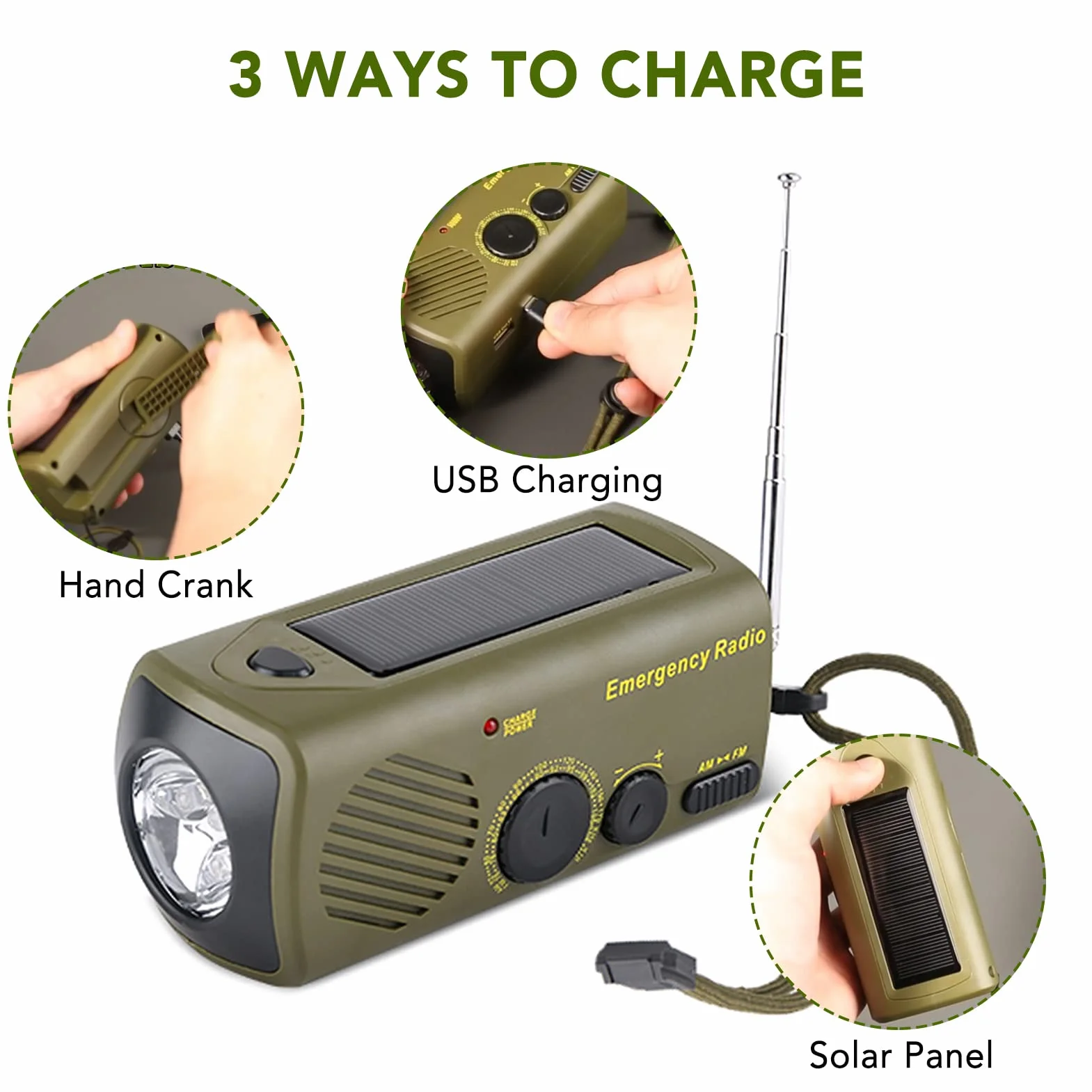 Lixada Radio awaryjne, przenośne, przenośne, korba ładująca solarne, radia USB z latarką, SOS Slarme, AM/FM, ładowarka do telefonu komórkowego