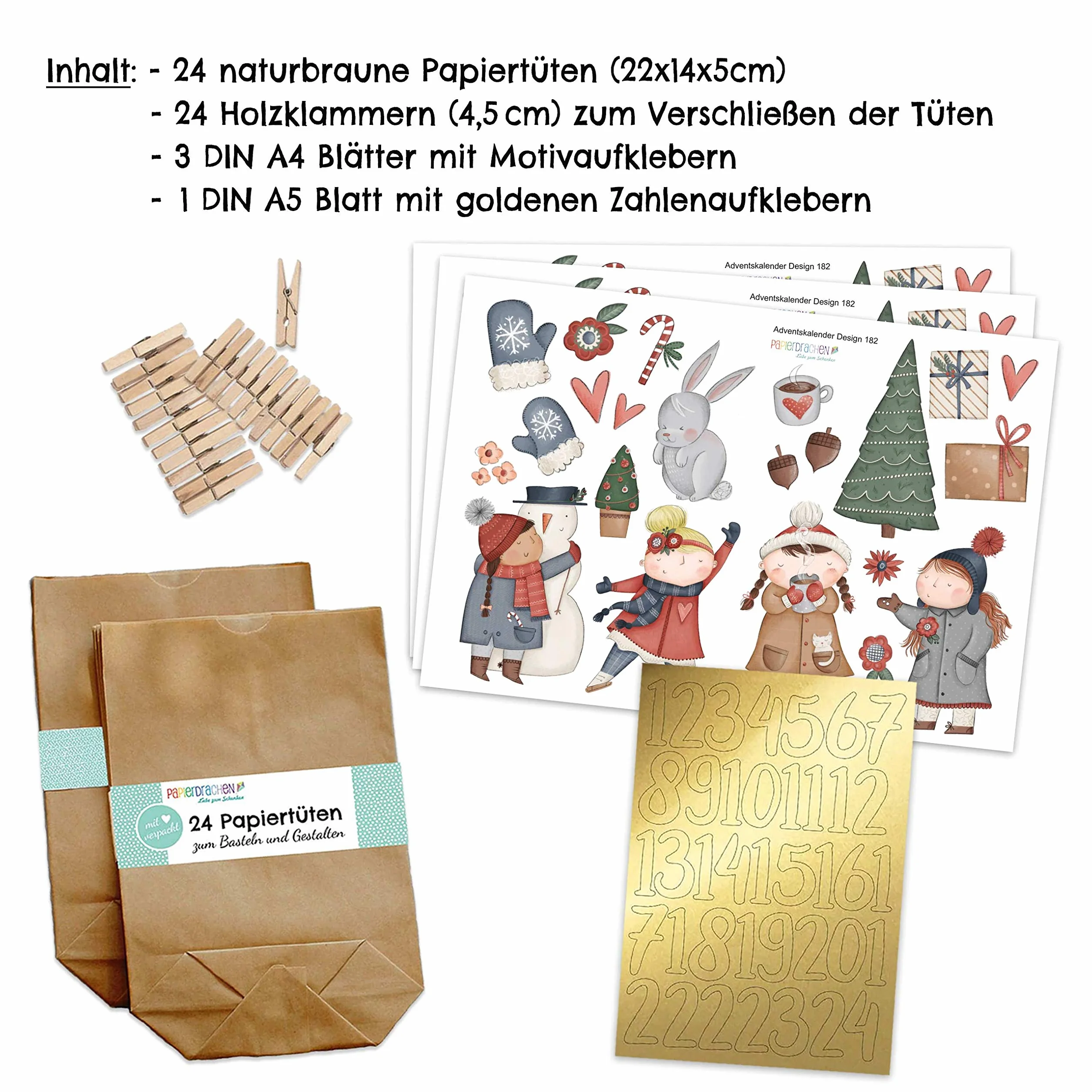 Papierdrachen DIY kalendarz adwentowy łyżwiarz 24 brązowe papierowe torebki naklejki Boże Narodzenie