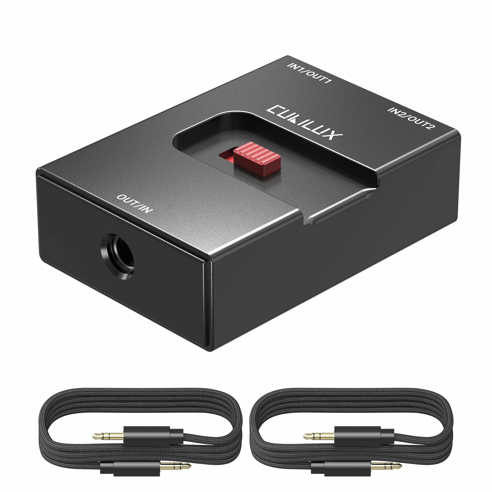 Cubilux Selektor audio 3,5 mm, dwukierunkowy przełącznik 2 w 1-out lub 1-in-2-out 1/20.3 cm TRS przełącznik słuchawkowy, ultrakompaktowa aluminiowa obudowa, pasywny przełącznik A/B AUX, kompatybilny z