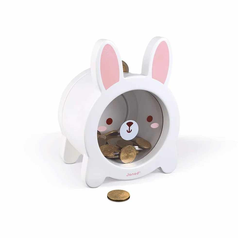 Janod - Rabbit Wooden Children’s Money Box 5.9 inch - See-Through Side and Magnetic Opening - Children's Room Decoration - Suitable for Ages 3 and Up, J04654