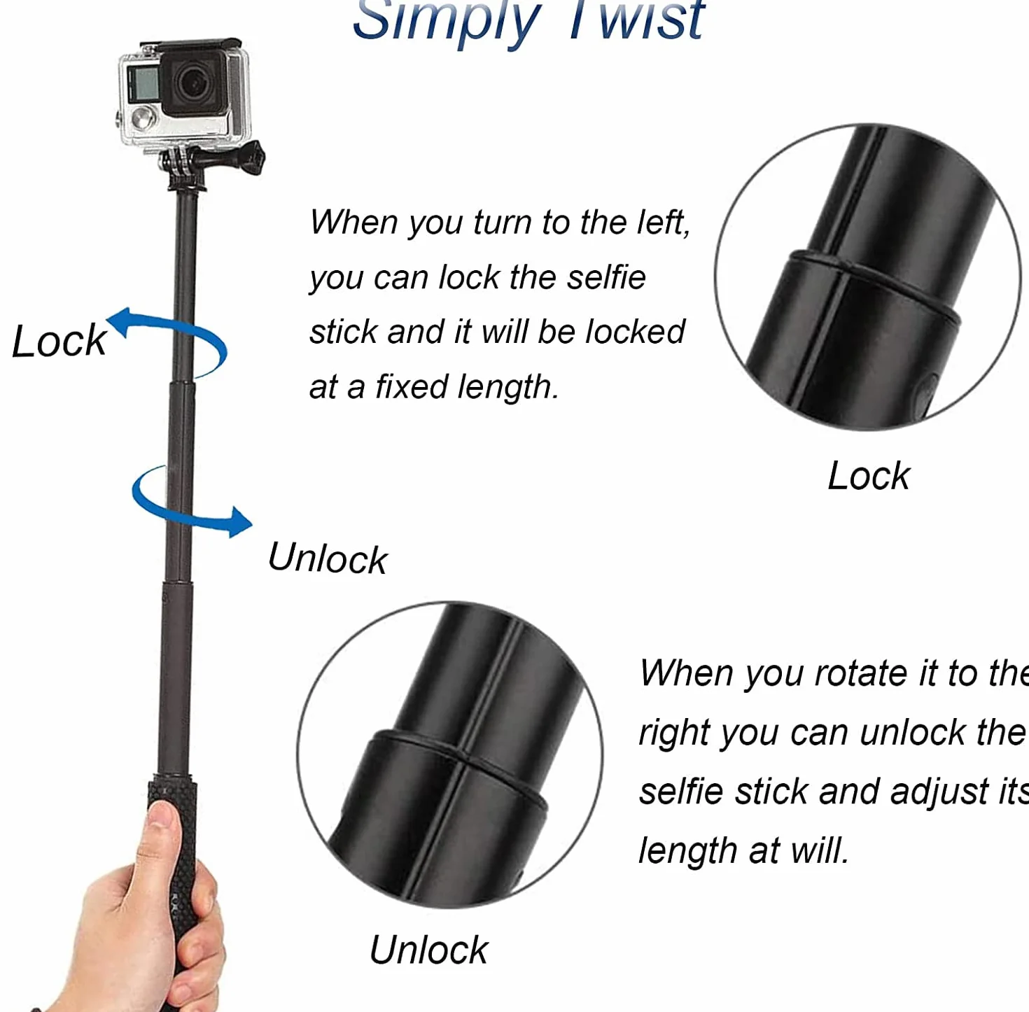 Tekcam 37inch Wodoodporny aluminiowy teleskopowy kijek do selfie do kamer GoPro Hero 11/10/9/8/7/6/5,AKASO, WOLFANG, APEXCAM, GOOKAM, Surfola 4K Action Cam