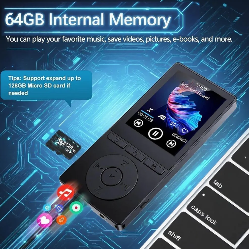 64 GB odtwarzacz Bluetooth 5.3, HiFi dźwięk, nagrywarka głosu, e-book, słuchawki, idealny do uprawiania sportu, obsługa karty TF