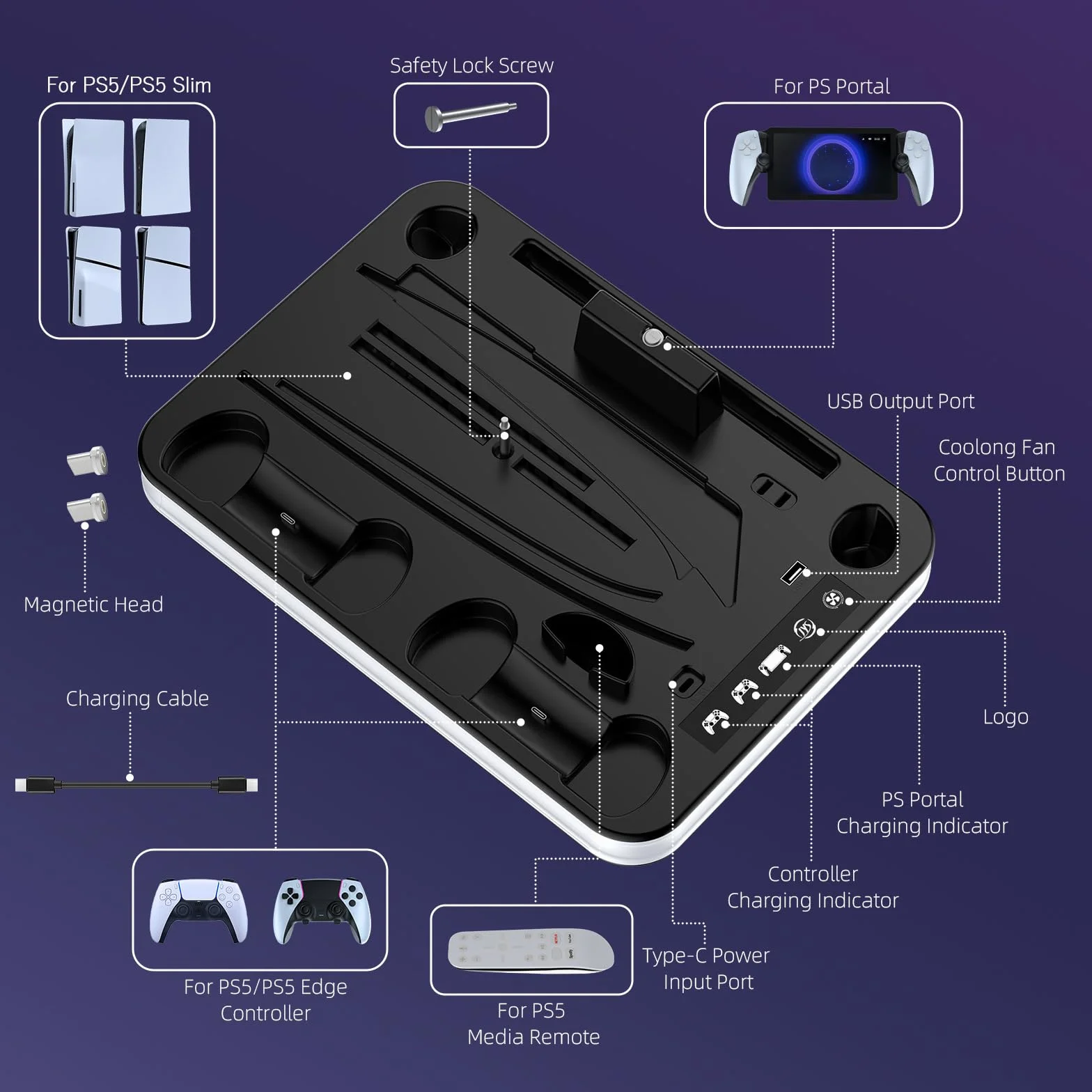 PS5/PS5 Slim stojak z wentylatorem chłodzącym, podstawa chłodząca do PS5 z 3 poziomami wentylatora/lampkami LED/haczykiem na słuchawki, akcesoria do PS-5/PS-5 Slim