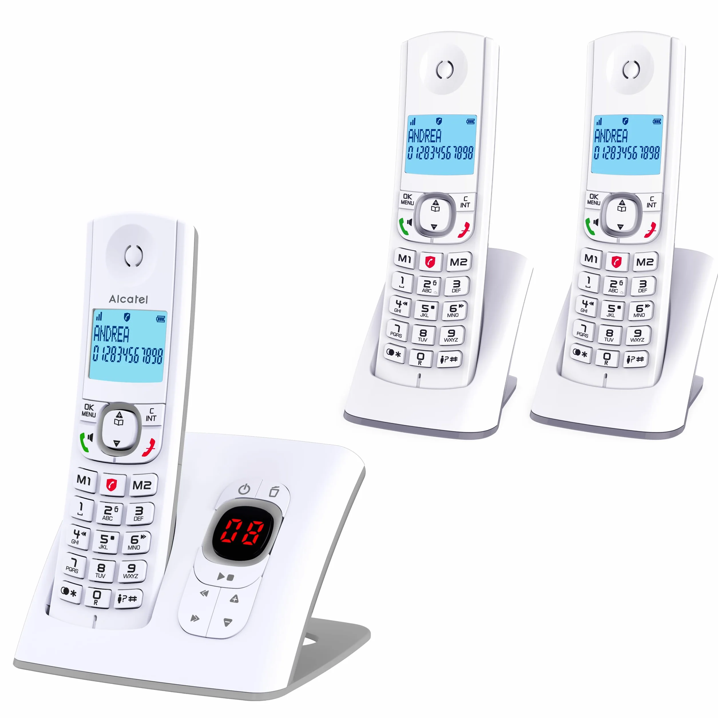 Alcatel F530 Voice Trio, telefon bezprzewodowy z automatyczną sekretarką i 3 słuchawkami, blokowanie połączeń i funkcją głośnomówiącą biały/szary