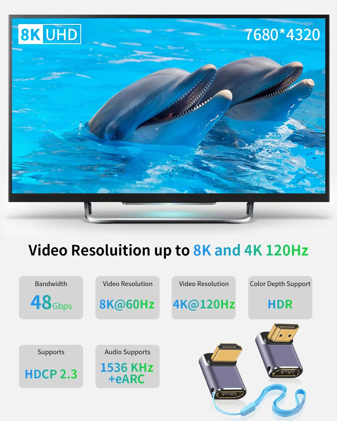 Duttek Adapter 8K HDMI 90 stopni (2 sztuki), adapter HDMI męski na żeński, 48 Gb/s ze wskaźnikiem roboczym LED do laptopa, DVD, telewizora, monitorów
