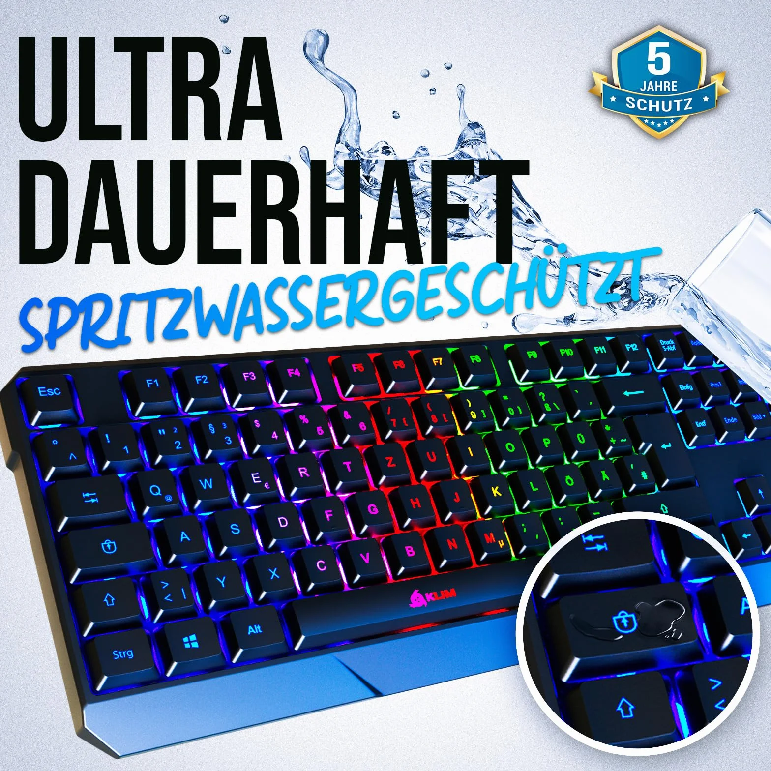 KLIM Chroma klawiatura gamingowa QWERTZ DEUTSCH z kablem USB + nowa wersja 2022 + trwała, wodoszczelna, ciche klawisze + klawiatura gamingowa RGB do PC Mac, Xbox One X, PS4, PS5 + czarna