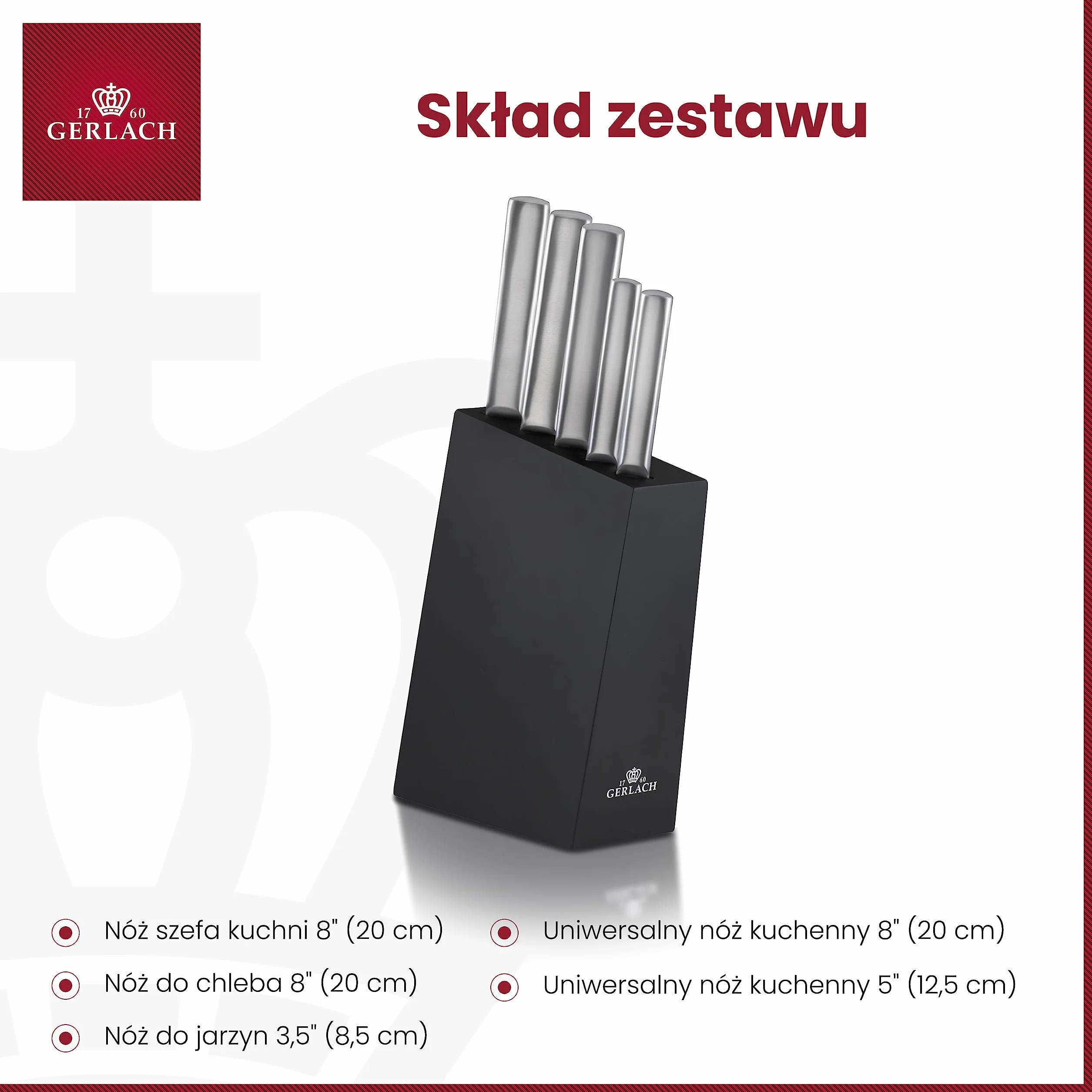 Gerlach Ambiente Zestaw Noży w Bloku Srebrny 20x20x30