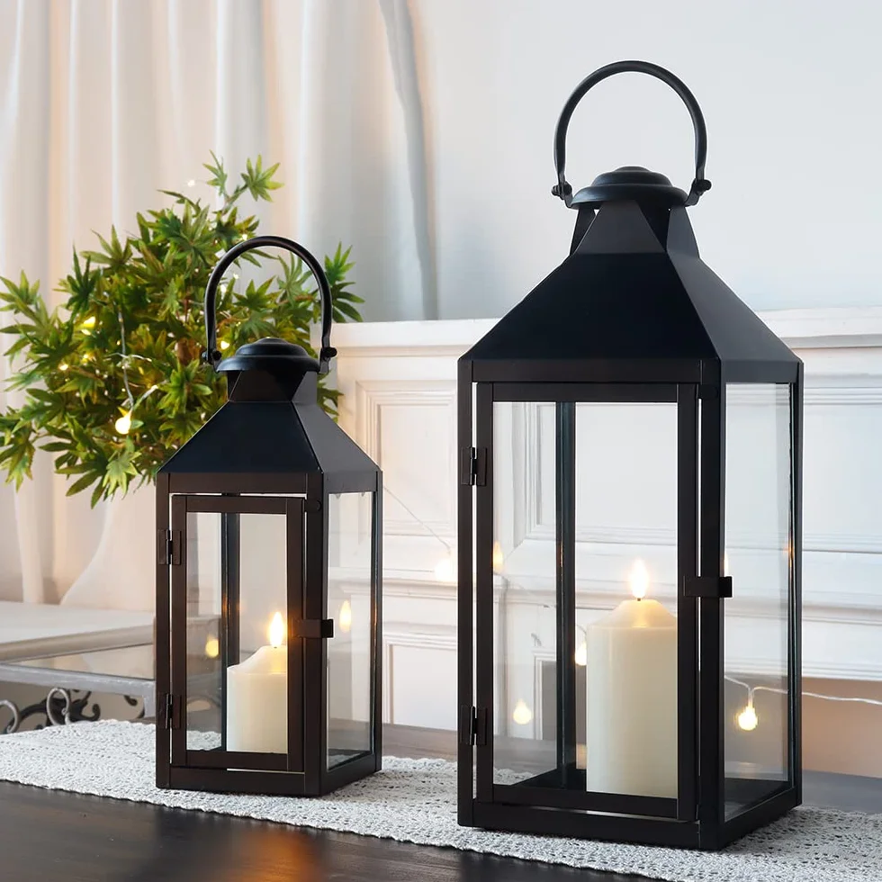 JHY DESIGN Zestaw 2 Latarni Dekoracyjnych, 44,5 cm & 24 cm Wysokości, Latarni na Zewnątrz, Czarnych, Świeca Duża, Wisząca Latarnia do Wnętrz, Imprez, Wesel, Vintage Style (Czarny)