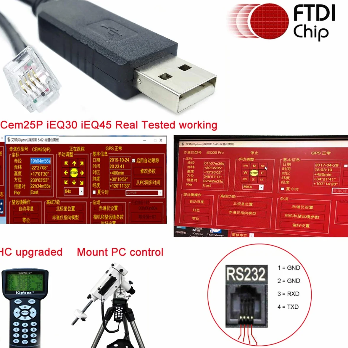 Kabel sterujący teleskopem Ioptron USB RS232 RJ9 do Equatorial Upgrade Console Cable Coding Line Ieq30pro (długość: 3 m)