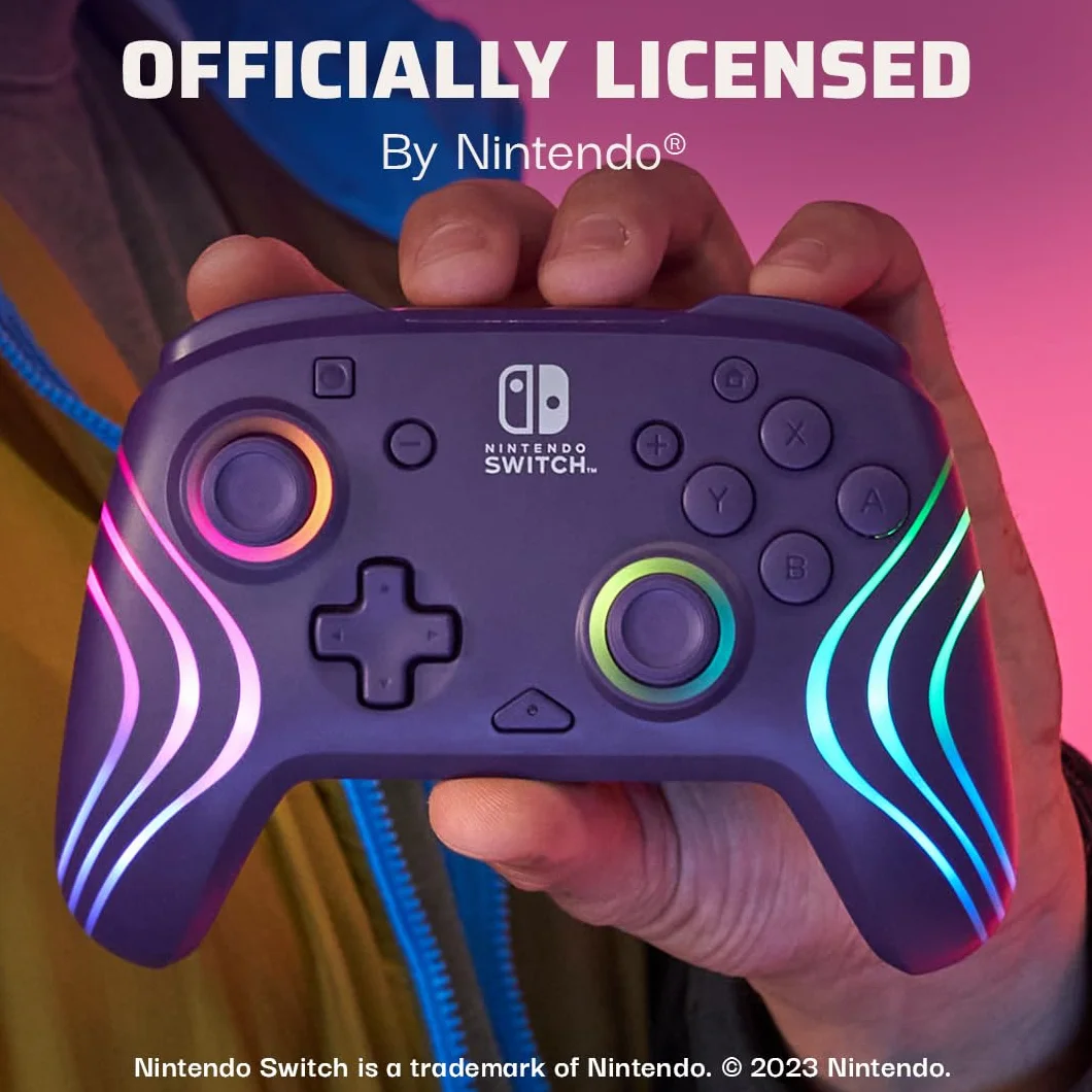 PDP Afterglow Wave Wireless Pro Controller with Full Motion for Nintendo Switch, Nintendo Switch - OLED Model, 8 RGB LED Lighting Zones, 30 Foot Range, 20 Hour Rechargeable Battery Purple