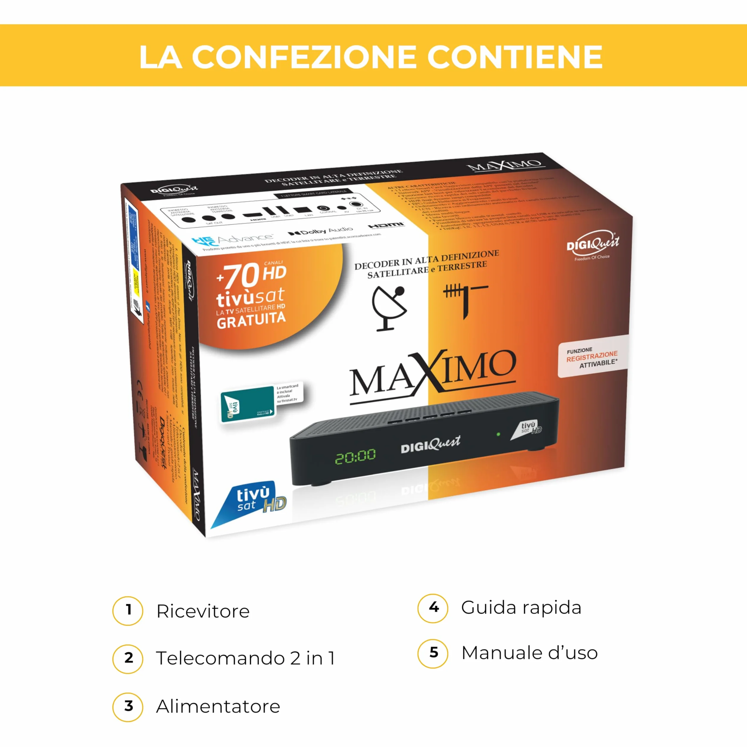 DIGIQUEST Dekoder Combo tivùsat Maximo | DVB-S2 i DVB-T2 | Pilot 2 w 1 | Smartcard tivùsat w zestawie | HDR10 / HLG | Aktywowana funkcja nagrywania