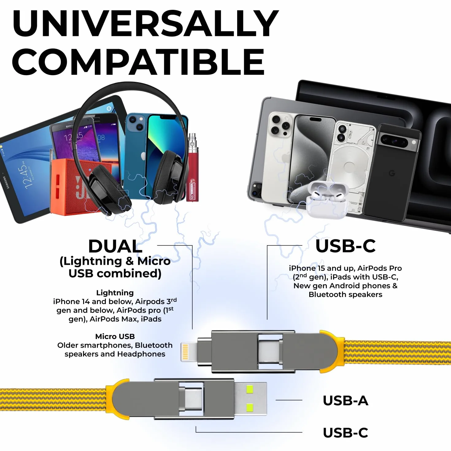 Rolling Square inCharge XL 30 cm - kabel USB typu c, uniwersalny kabel komórkowy, dla mężczyzn, uniwersalna ładowarka do telefonu komórkowego 6 w 1, gadżet techniczny, żółty, kabel Lightning 100 W