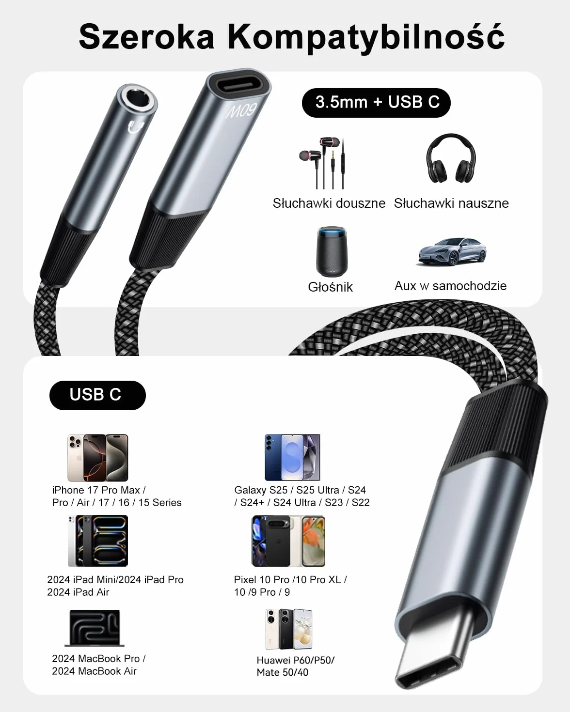 Adapter 2 w 1 USB C na gniazdo 3,5 mm, adapter typu C na gniazdo 3,5 mm i rozdzielacz szybkiego ładowania 60 W, złącze Aux USB C to 3.5 dla iPhone 17 16 15 Pro, Sumsung S24/S23/S22/S21, Pixel 9 8 7