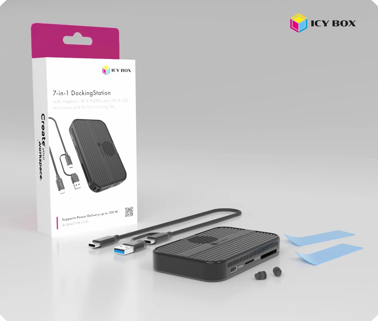 ICY Box USB-C DockingStation M.2 SSD/NVMe i SATA Obudowa USB 3.2 (10 GB/s) bez narzędzia HDMI 4K Power Delivery czytnik kart 100 W Zewnętrzna wtyczka & Play Czarny IB-DK4071M-CU31