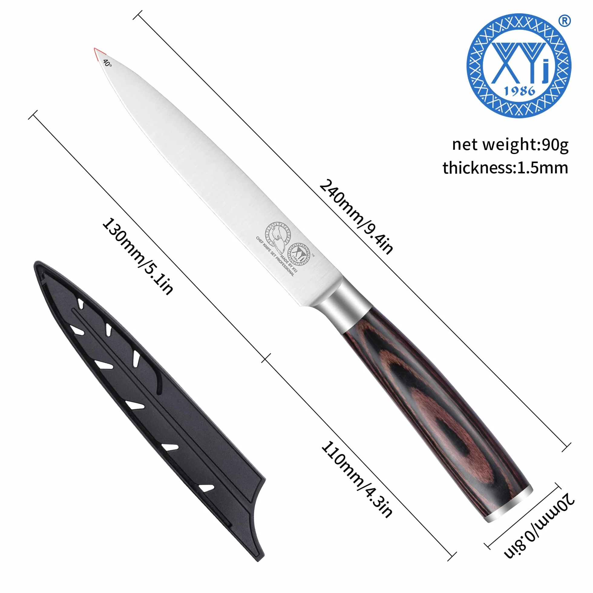 XYJ Authentic Since 1986,5 Inch Kitchen Knife, Stainless Steel Japanese Utility Knife, Meat Cleaver for Meat Cutting,Pakka Wood Handle,Plastic Edge Guard Protector,Chefs Knife