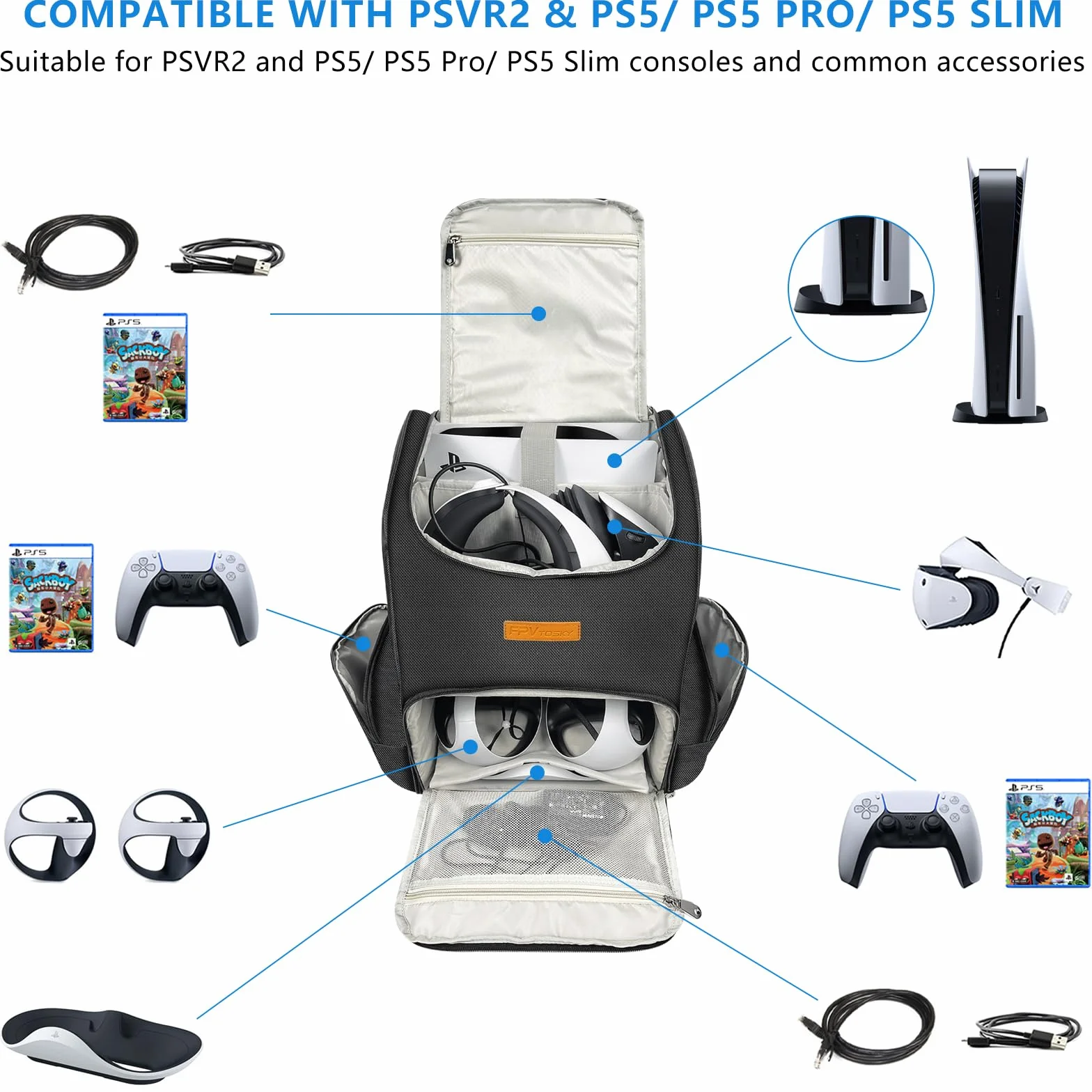 Plecak 2-IN-1 na PS5 i PSVR2, duża torba podróżna na Playstation VR2 i PS 5, torba ochronna kompatybilna z akcesoriami do gier Playstation 5 i PS VR2 (plecak PS5 VR2)